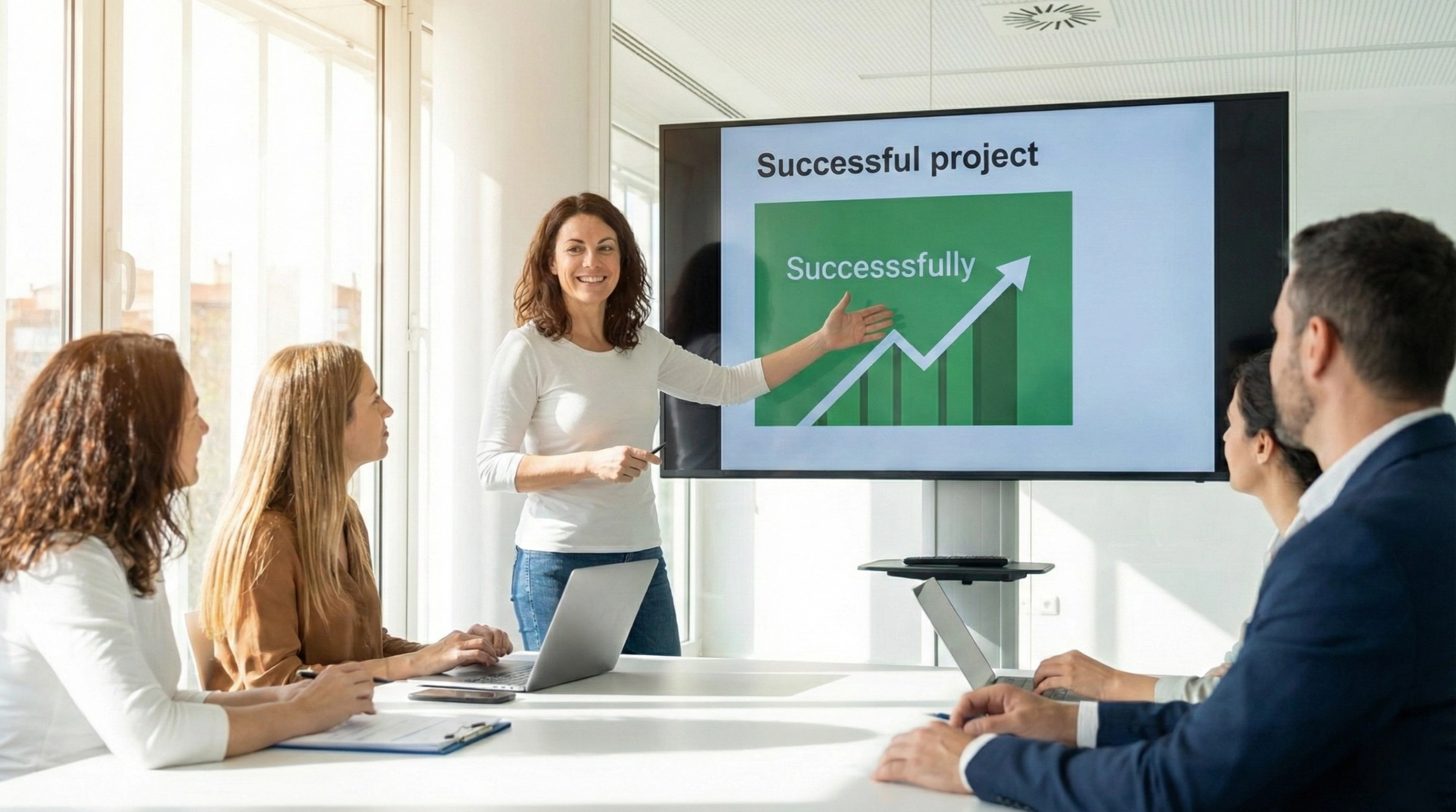 A confident woman in a bright conference room presenting a slide titled 