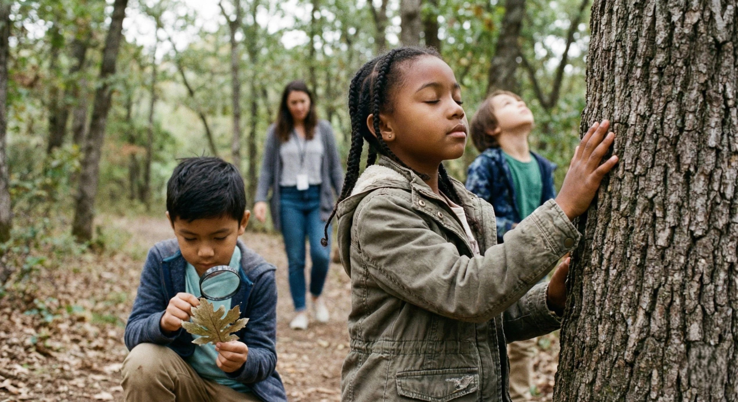 Elementary students engaged in a silent sensory nature walk on school grounds, using touch and sight to connect with their surroundings.