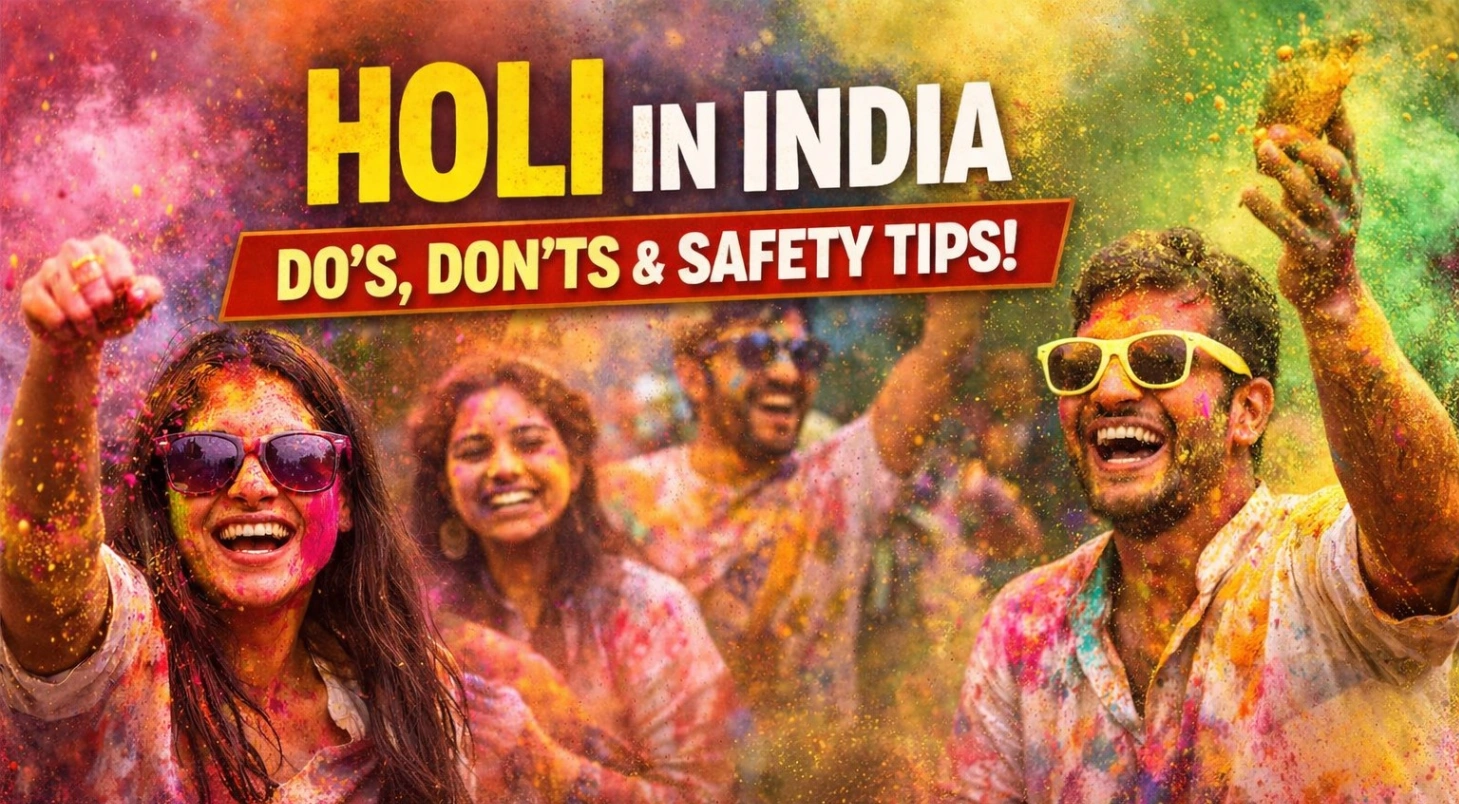 High-CTR 16:9 Holi in India thumbnail showing a group of friends joyfully playing with vibrant colors, with bold text reading “HOLI IN INDIA – DO’S, DON’TS & SAFETY TIPS” against a colorful festive background.