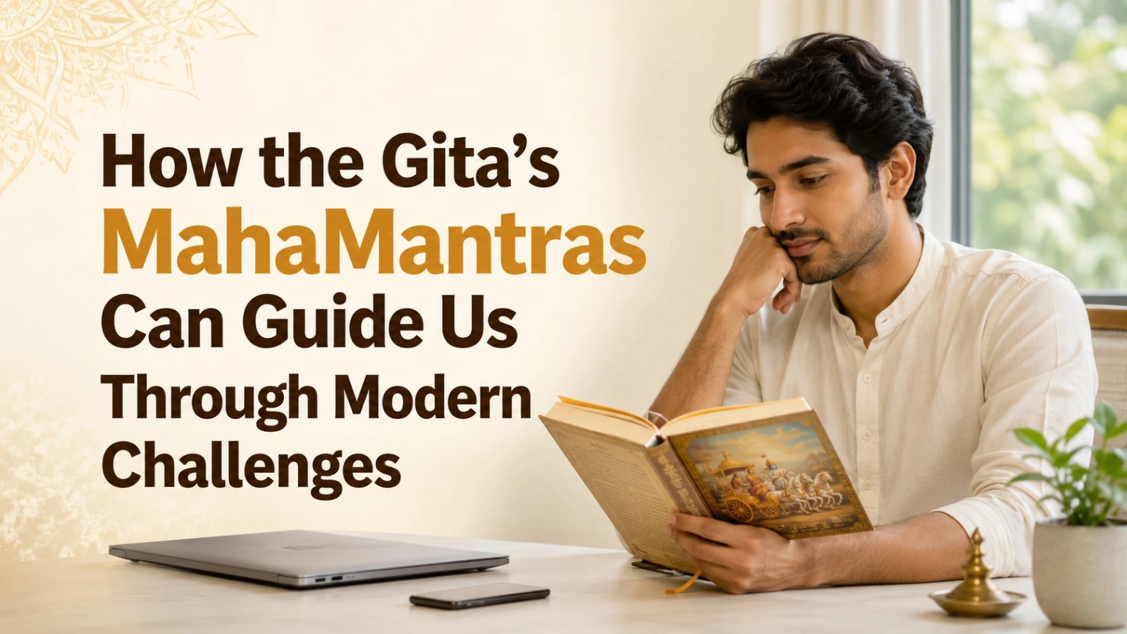 Thoughtful man reading the Bhagavad Gita at a desk, showing how the Gita’s MahaMantras can guide people through modern challenges, stress, and inner conflict.