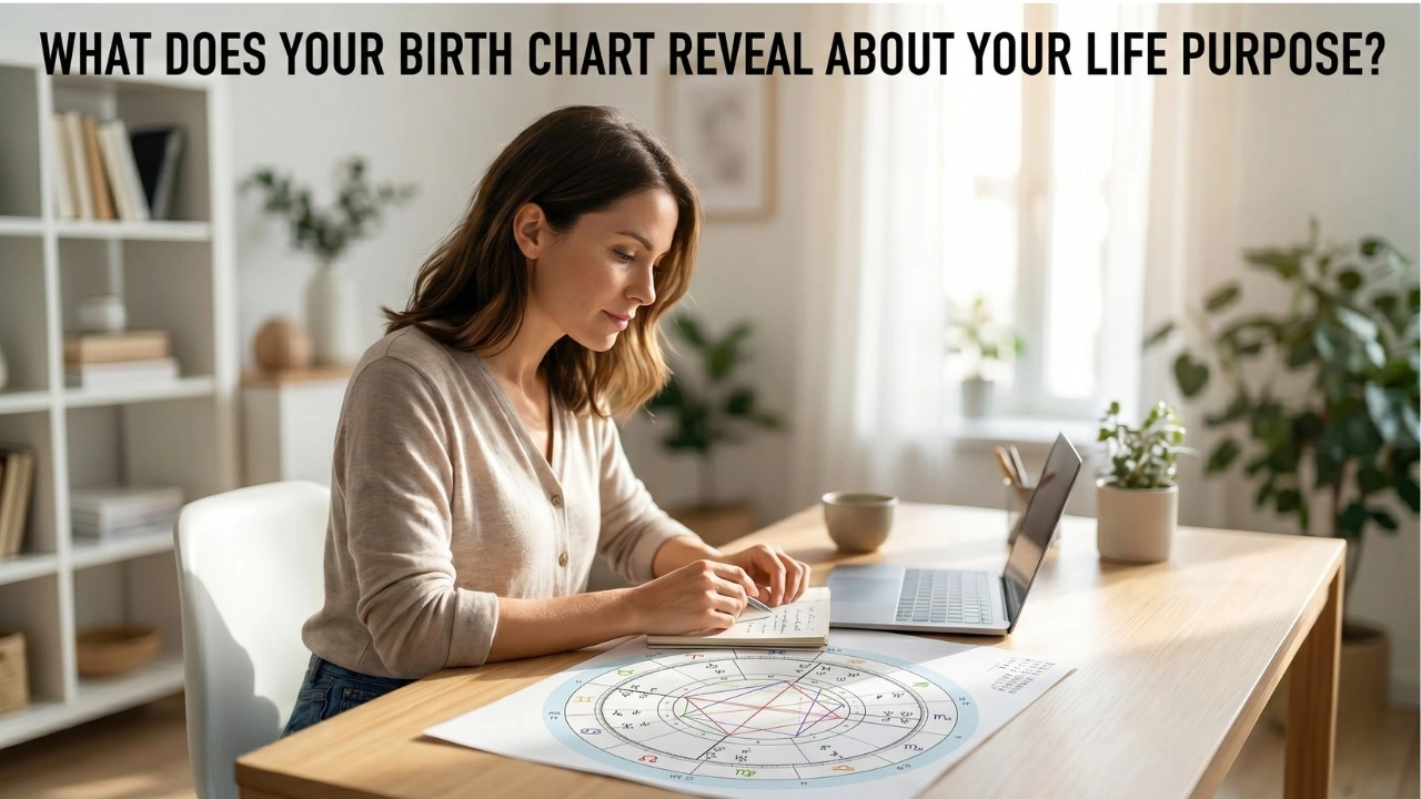A realistic photograph of a woman sitting at a light wooden desk in a bright, modern room, thoughtfully studying a printed astrological birth chart and a notebook. An open laptop sits nearby on the desk. At the top of the image, the title