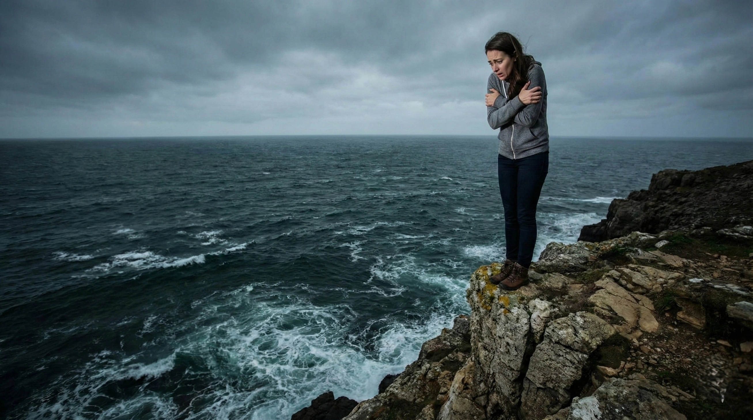 A person with an anxious expression standing on a rocky cliff edge overlooking a stormy ocean, depicting unexplained phobias like fear of heights or water that may be linked to a past life death.