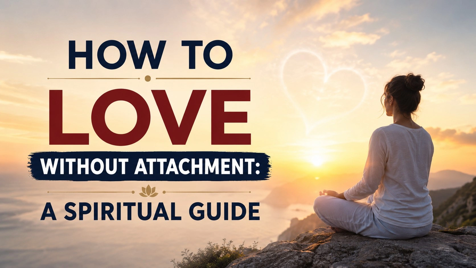 Peaceful woman meditating at sunrise on a rocky cliff with bold title text “How to Love Without Attachment: A Spiritual Guide,” symbolizing spiritual love, inner peace, emotional freedom, and non-attachment.