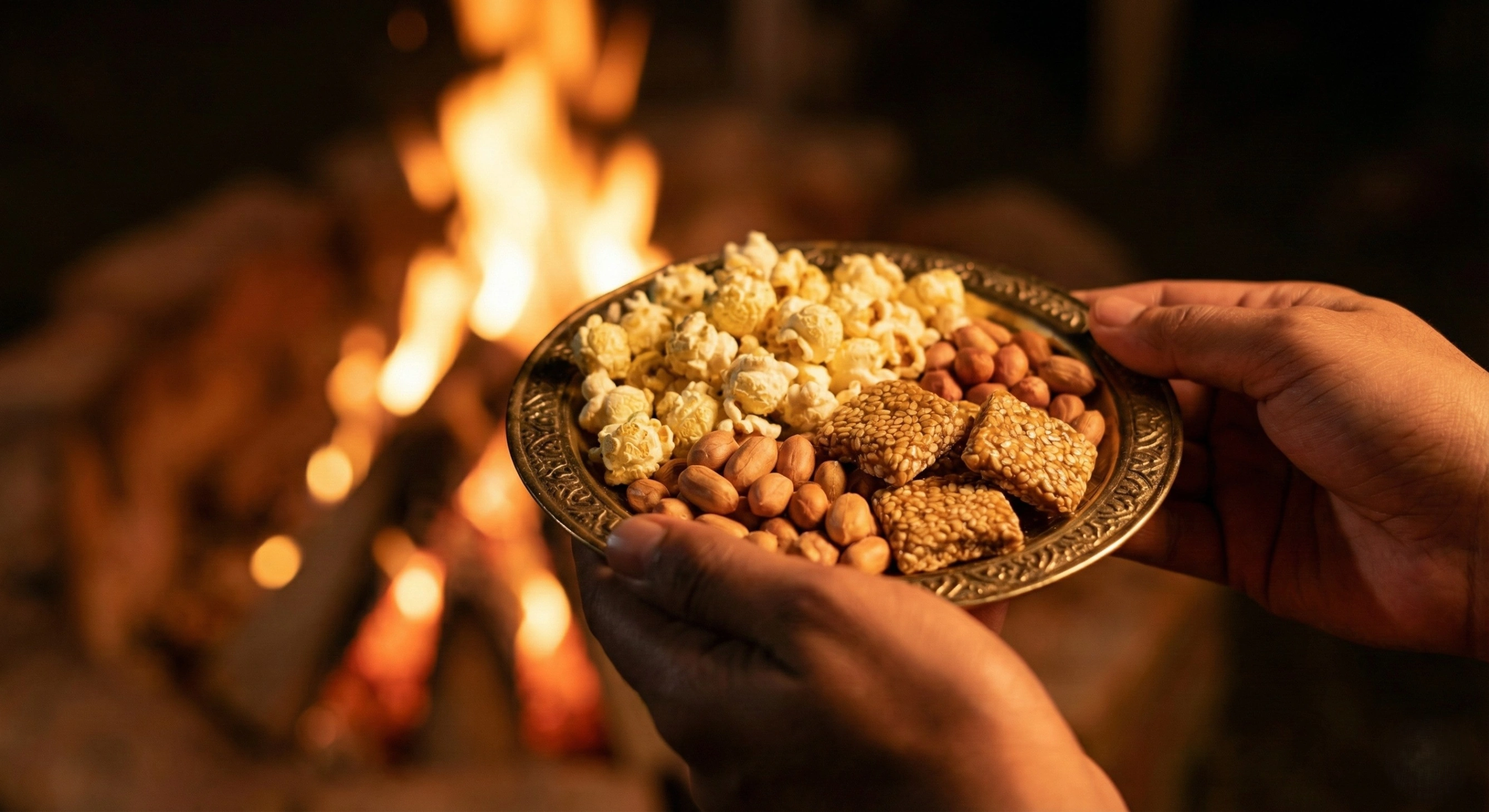 A close-up photograph of hands holding a decorative metal plate filled with traditional Lohri foods including popcorn, peanuts, and revdi, with a bonfire glowing in the background.