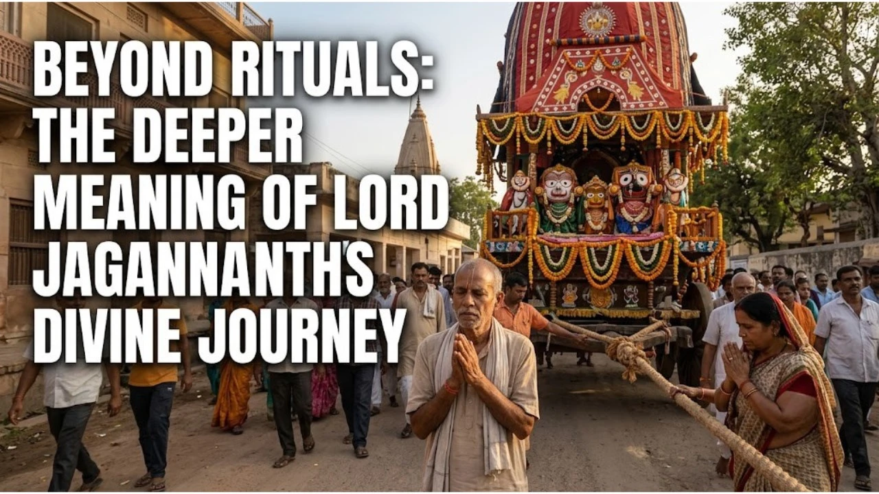 A photograph of a Rath Yatra procession in India, where a man and a woman kneel in prayer while touching thick ropes to pull a large, ornate wooden chariot (ratha) carrying deities. A crowd surrounds the chariot in a town with traditional stone buildings and a temple spire in the background. Large, bold white text overlay on the left reads: