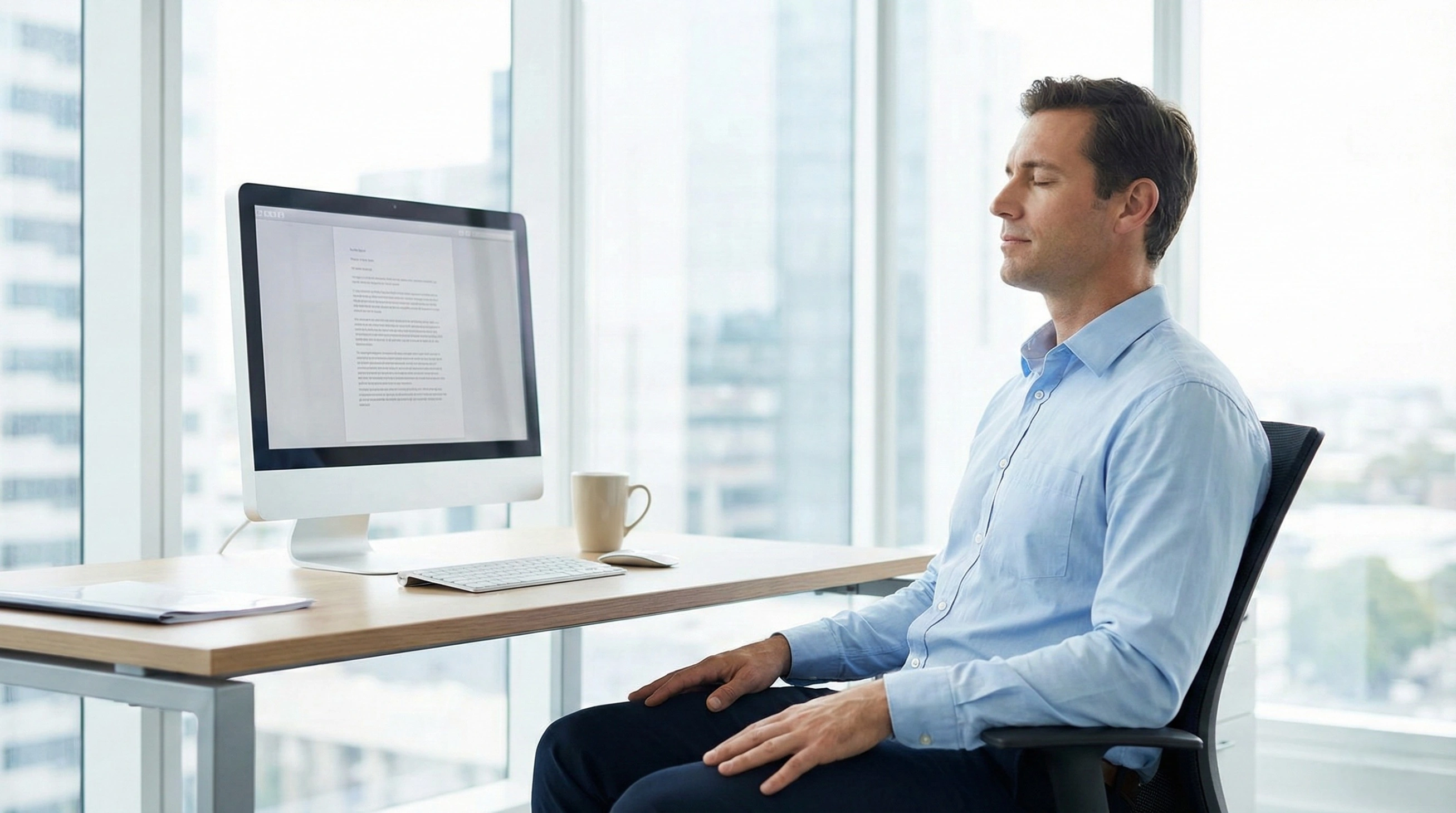 Man in a blue shirt sitting at a desk in a modern office with eyes closed, practicing a mindfulness body scan meditation.