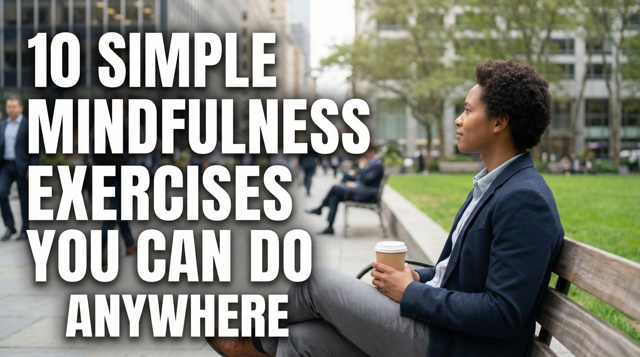 A realistic image of a relaxed woman sitting on a city bench holding a coffee cup, practicing mindfulness. Large bold text overlay reads: