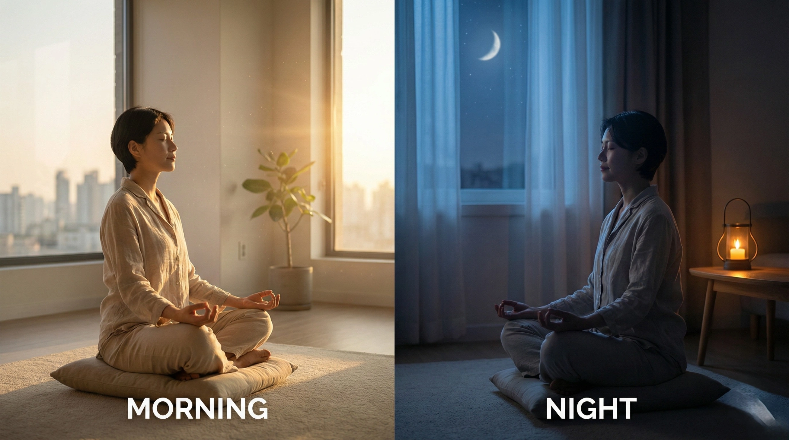 Morning vs Night Meditation comparison image featuring a sunny morning yoga session and a relaxing evening meditation routine.