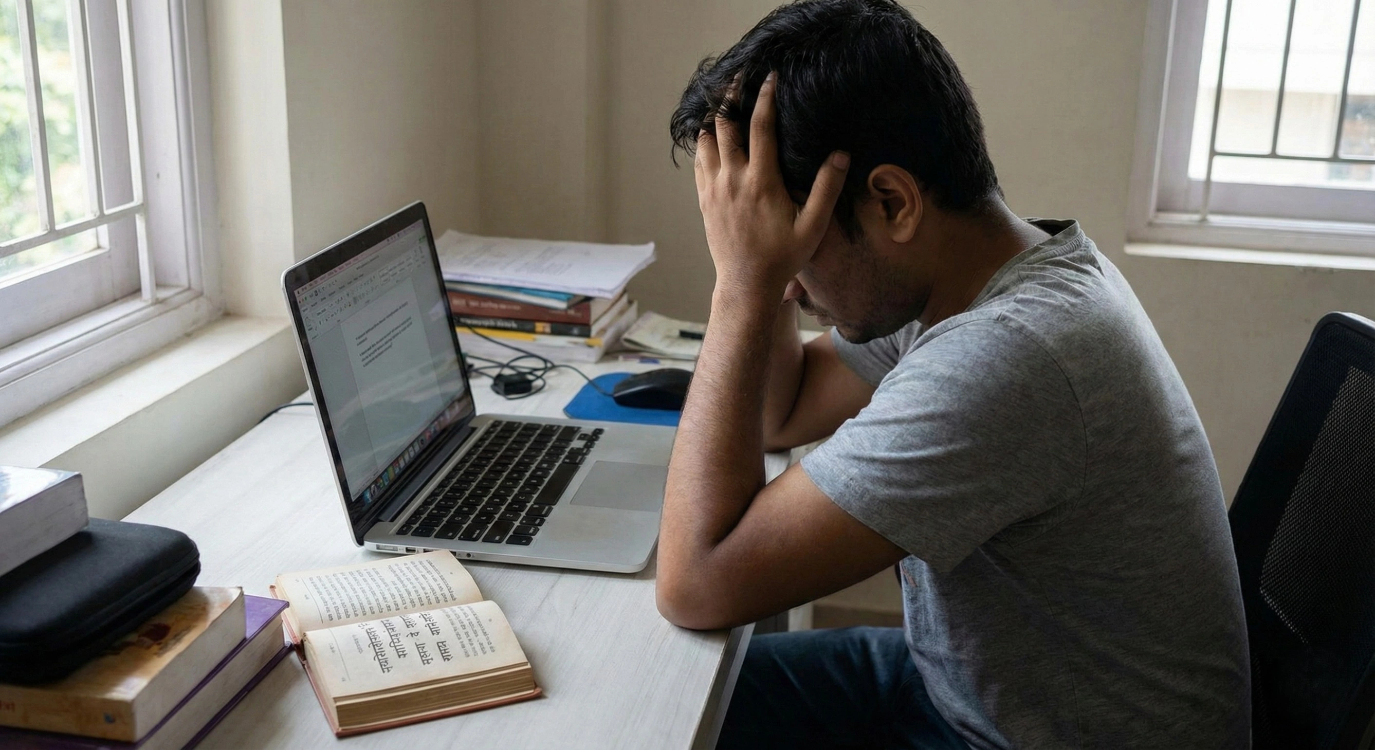 A person feeling stressed at their desk, looking at a laptop, with an open book of ancient wisdom nearby.