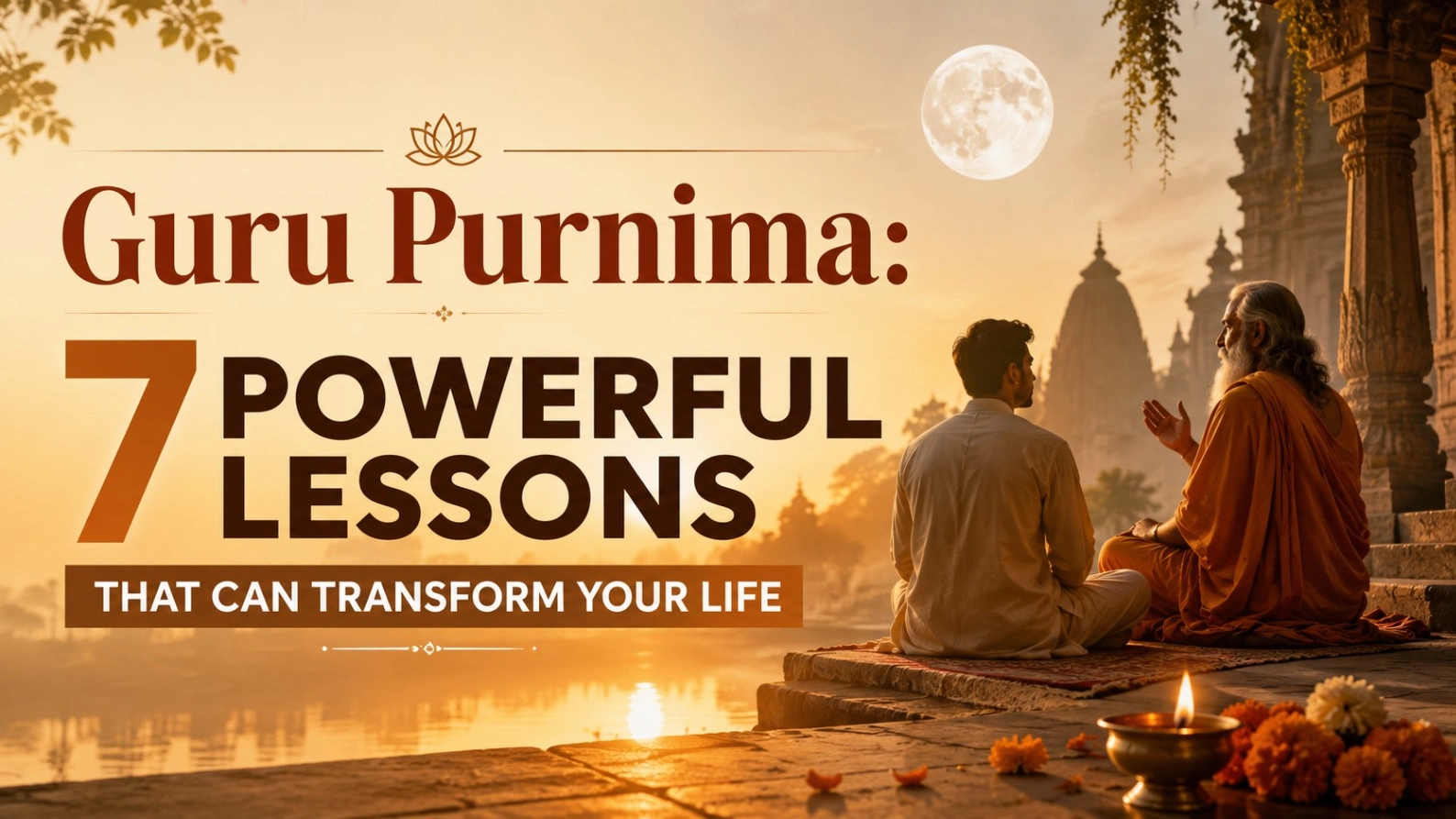 Guru teaching a disciple beside a temple lake at sunrise, illustrating seven powerful Guru Purnima lessons that can transform your life.