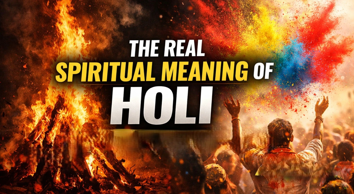 High-CTR 16:9 Holi thumbnail showing a dramatic Holika Dahan bonfire on the left and a vibrant Holi celebration with colorful powder in the air on the right, with bold central text reading “The Real Spiritual Meaning of Holi” and subtext “Burn Your Ego” and “Awaken with Colours.”