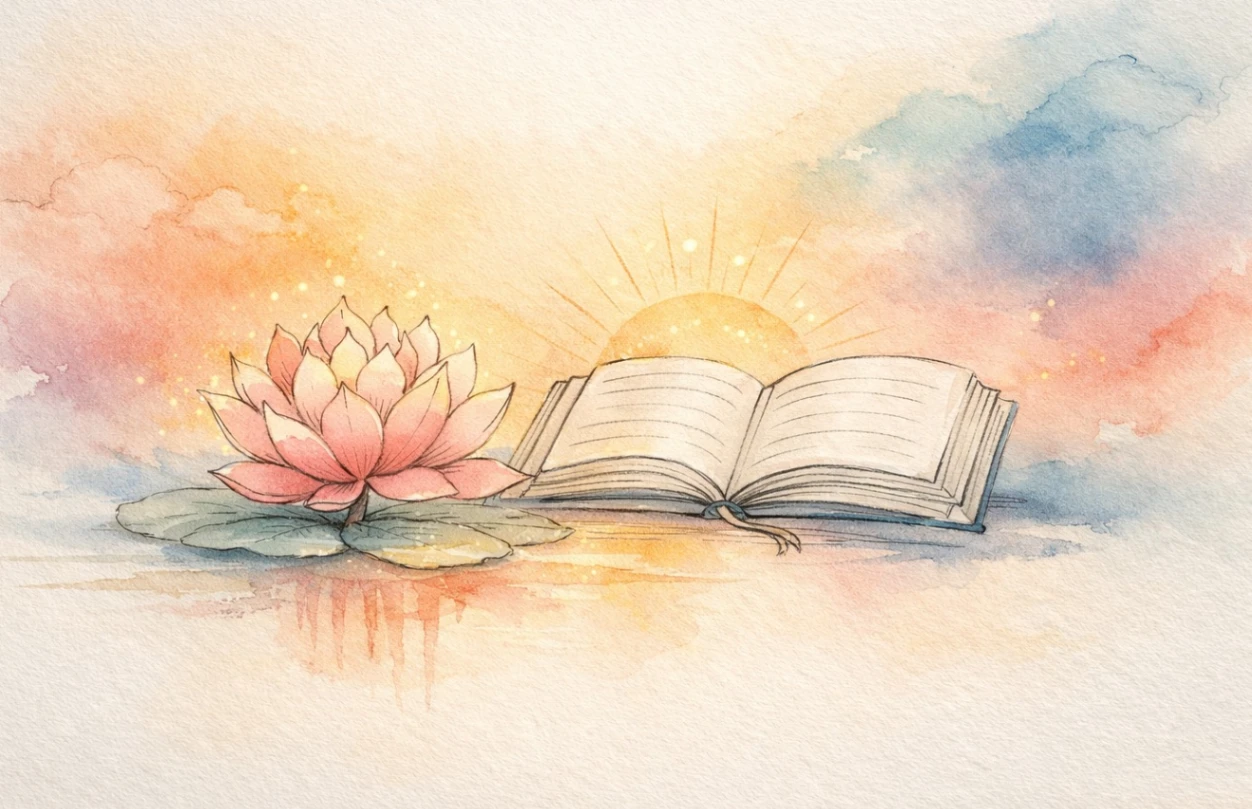 Soft watercolor spiritual illustration of a blooming pink lotus beside an open scripture, drawn in delicate charcoal line art with saffron, indigo, and teal washes on textured paper, symbolizing karma yoga and sacred wisdom from the Bhagavad Gita.