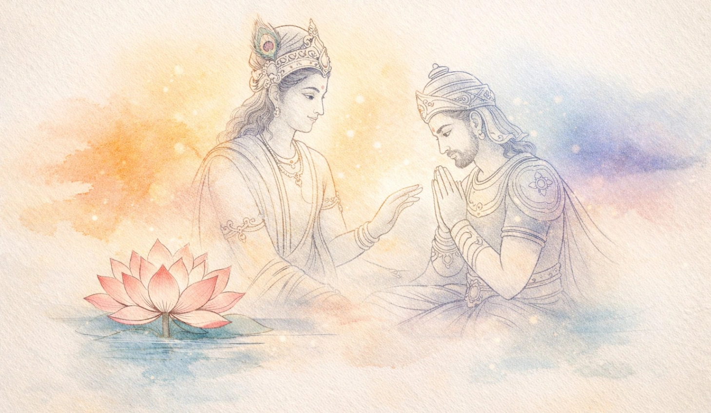 Soft watercolor spiritual line art of Lord Krishna gently guiding Arjuna, with a blooming lotus in the foreground, rendered in saffron, indigo, and pink tones on textured paper, symbolizing karma yoga and divine wisdom from the Bhagavad Gita.