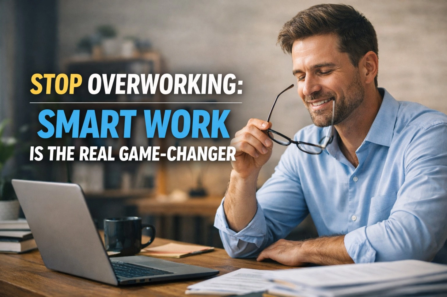 A man sitting at a desk in a modern workspace smiles while holding his glasses, with a laptop and coffee beside him. Bold text reads “Stop Overworking: Smart Work Is the Real Game-Changer,” highlighting productivity and smart work concepts.