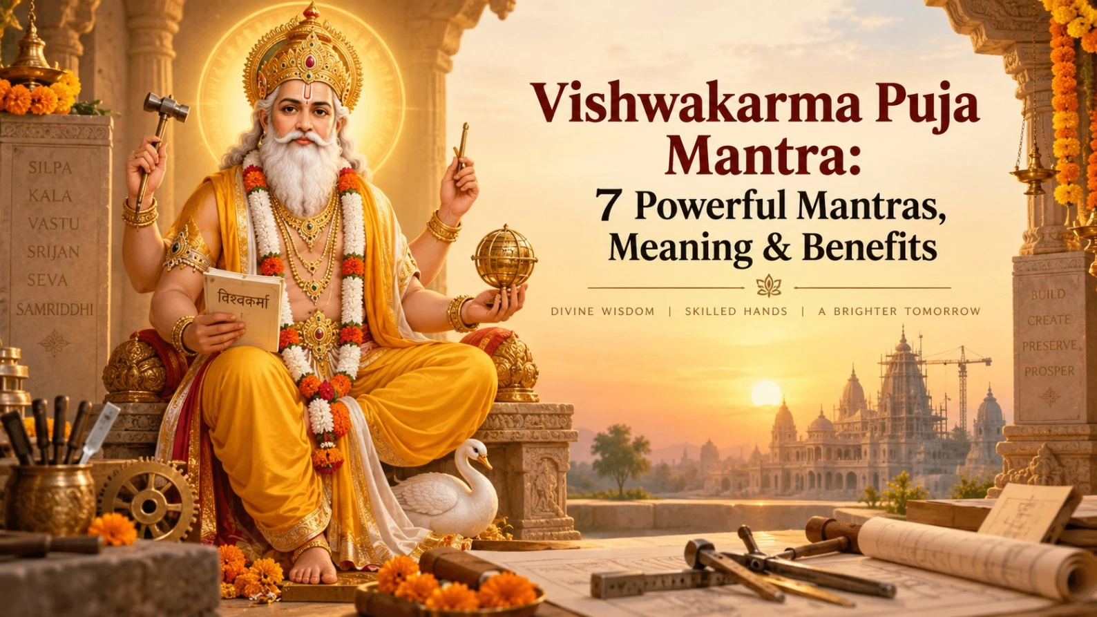 Lord Vishwakarma with traditional tools and architectural elements, featuring the title “Vishwakarma Puja Mantra: 7 Powerful Mantras, Meaning & Benefits.”