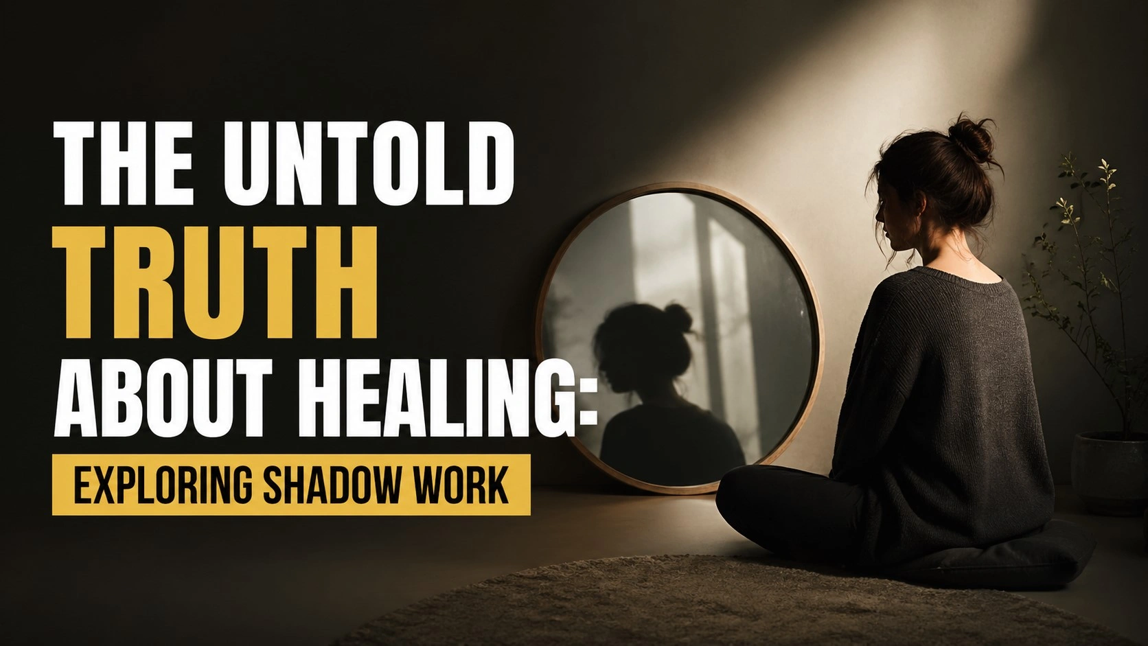 Realistic 16:9 thumbnail showing a woman sitting beside a mirror with her shadow reflection, symbolizing inner self and shadow work, with bold text “The Untold Truth About Healing: Exploring Shadow Work” on a dark minimalist background.