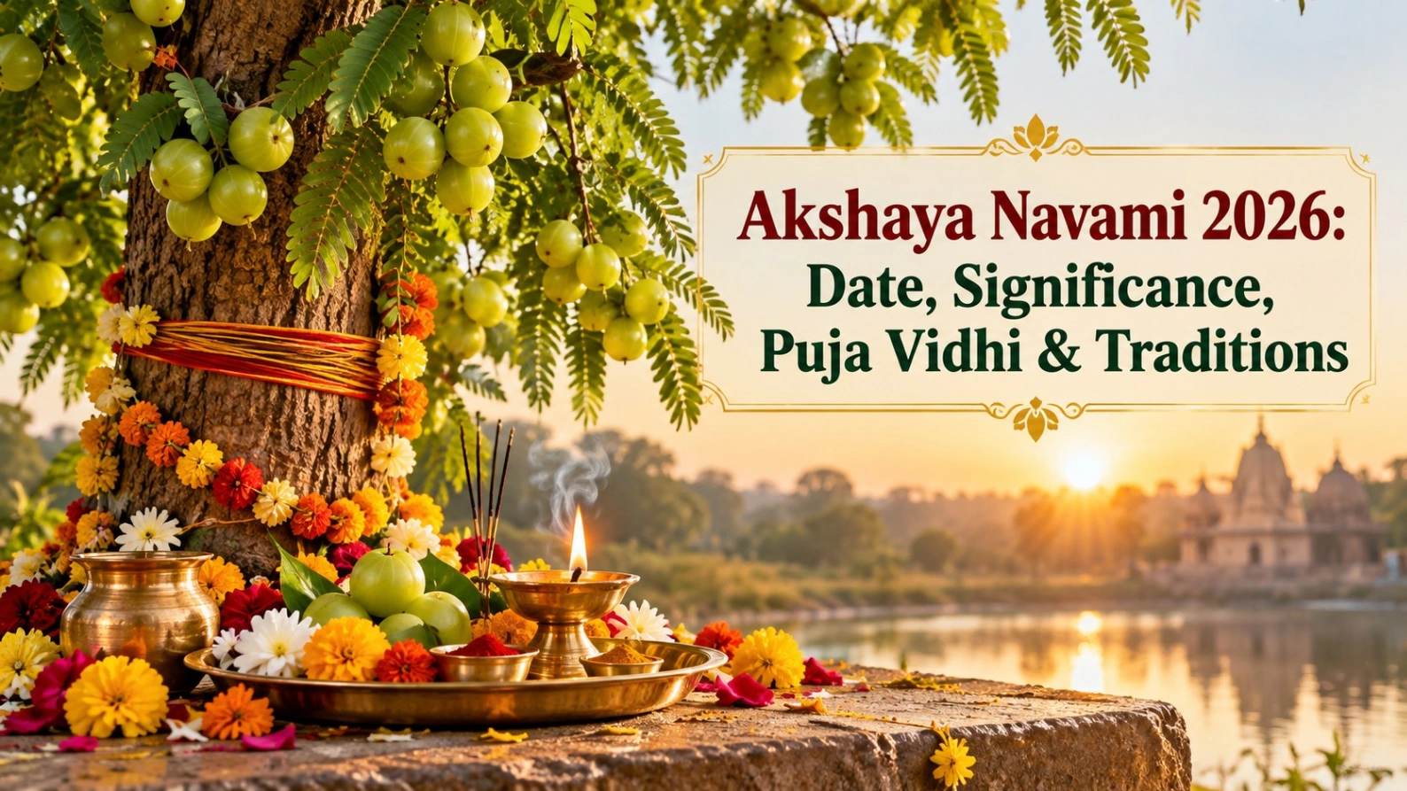 Akshaya Navami 2026 featured image showing a decorated Amla tree with diya, flowers and puja thali, with the title “Akshaya Navami 2026: Date, Significance, Puja Vidhi & Traditions.”