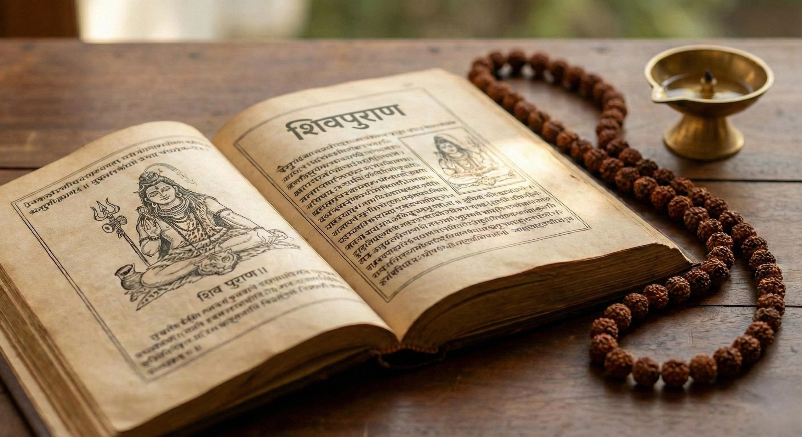 Here is the alt text for the image:  Alt Text: An open, vintage-style copy of the Shiva Purana scripture resting on a wooden table, featuring an illustration of Lord Shiva and Devanagari text with the correct Hindi header 