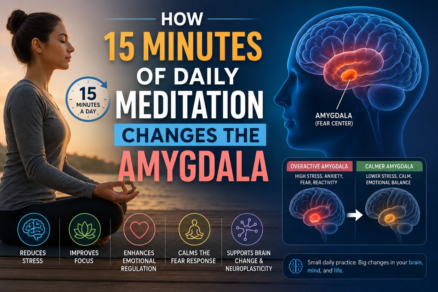 A meditating woman sits beside a brain illustration highlighting the amygdala, showing how 15 minutes of daily meditation may support stress reduction, emotional regulation, focus, and brain health.
