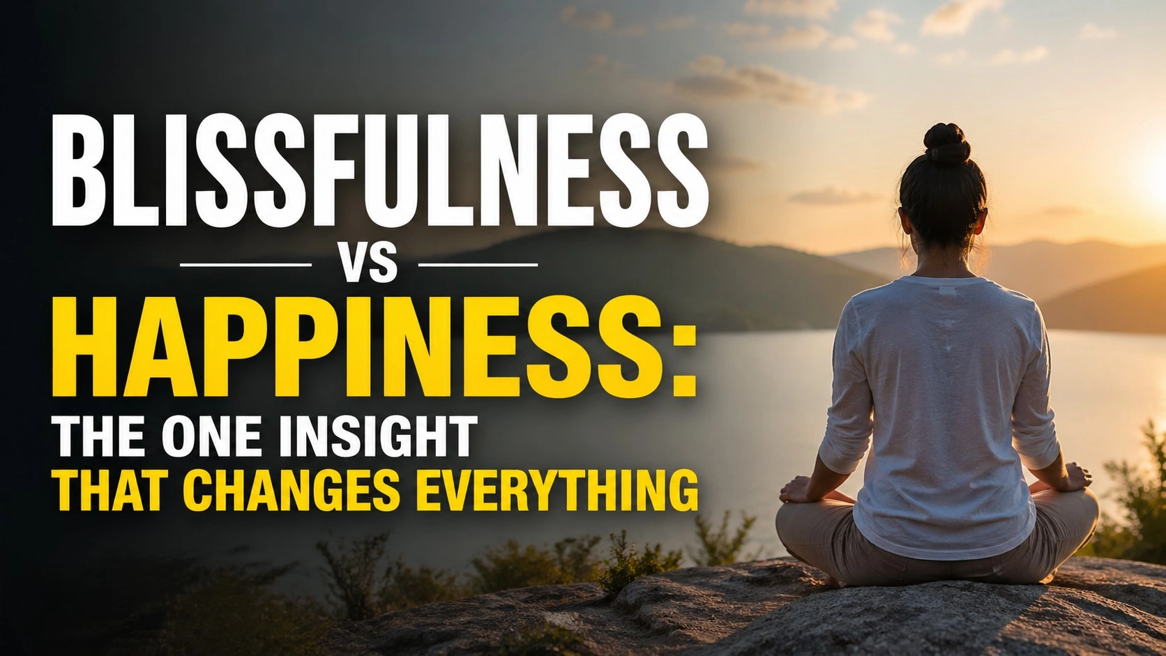 A serene 16:9 thumbnail showing a person meditating on a rock overlooking a calm lake at sunrise, with mountains in the background. Bold text reads “Blissfulness vs Happiness: The One Insight That Changes Everything,” with “Blissfulness” in white and “Happiness” highlighted in yellow, creating a peaceful yet impactful visual.