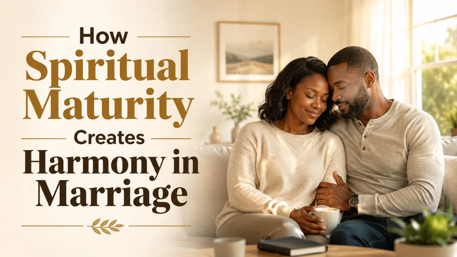 Realistic married couple sitting peacefully together at home, illustrating how spiritual maturity creates harmony, trust and emotional connection in marriage.