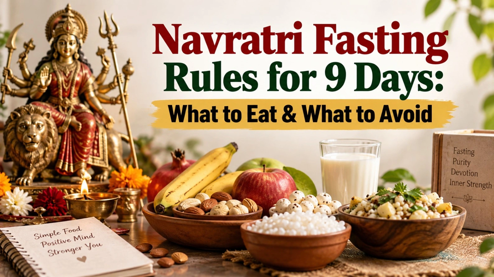 Navratri fasting rules for 9 days with Maa Durga, fruits, milk, sabudana, makhana and vrat-friendly foods showing what to eat and avoid.