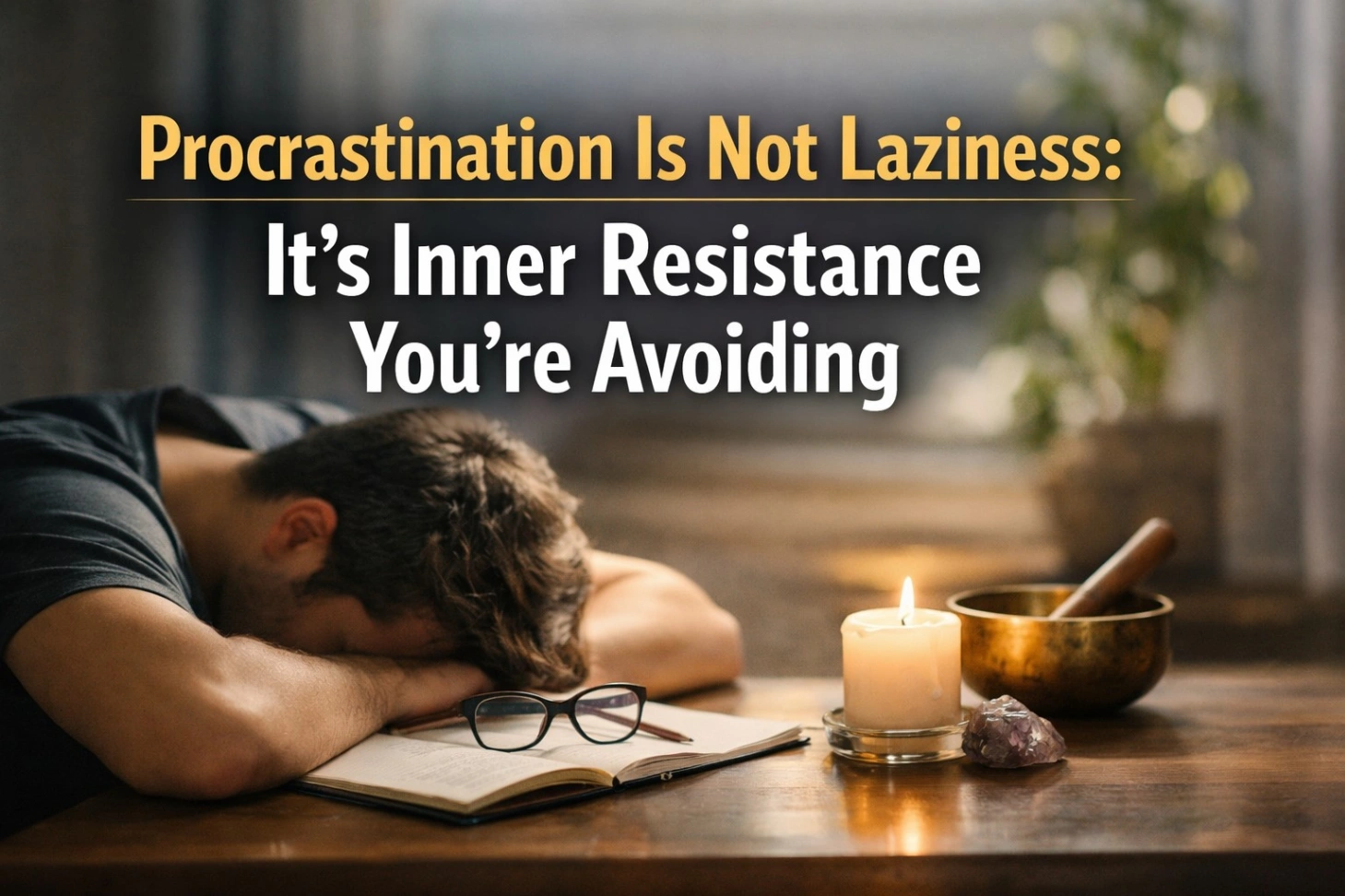 A realistic and minimal 16:9 image showing a person sitting at a desk, staring blankly at a laptop with a distant, overwhelmed expression, symbolizing procrastination and inner resistance. The background is softly lit and uncluttered, creating a calm yet introspective mood. Bold, clear title text reads: “Procrastination Is Not Laziness: It’s Inner Resistance You’re Avoiding.”