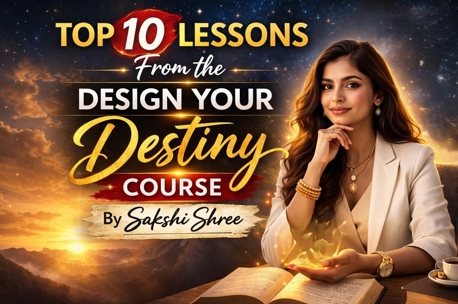 Top 10 Lessons from the Design Your Destiny Course by Sakshi Shree – inspiring promotional thumbnail featuring Sakshi Shree holding a glowing orb, with cosmic background, sunrise, and bold course title text in 16:9.