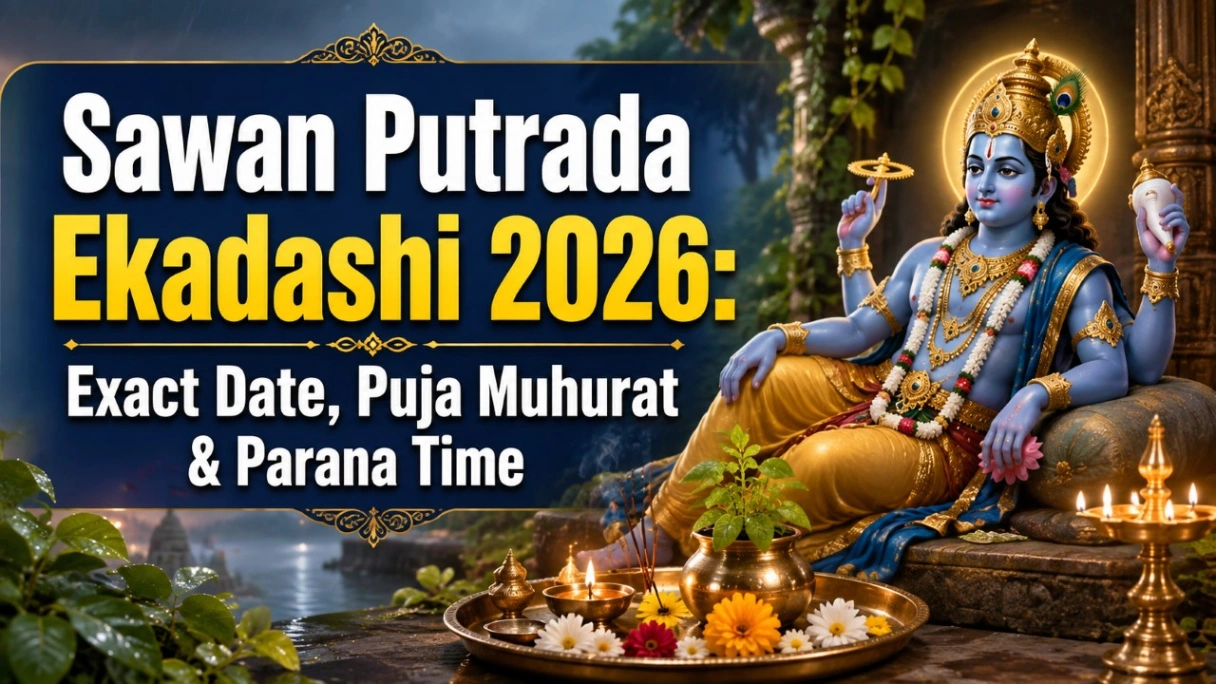 Sawan Putrada Ekadashi 2026 banner featuring Lord Vishnu, puja thali, diyas and the bold title “Exact Date, Puja Muhurat & Parana Time.”