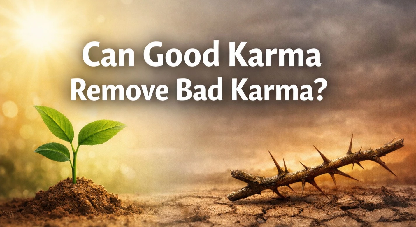 Simple spiritual illustration with bold text “Can Good Karma Remove Bad Karma?” showing a green plant growing in sunlight on one side and a thorny branch on dry cracked soil on the other, symbolizing good karma vs bad karma.