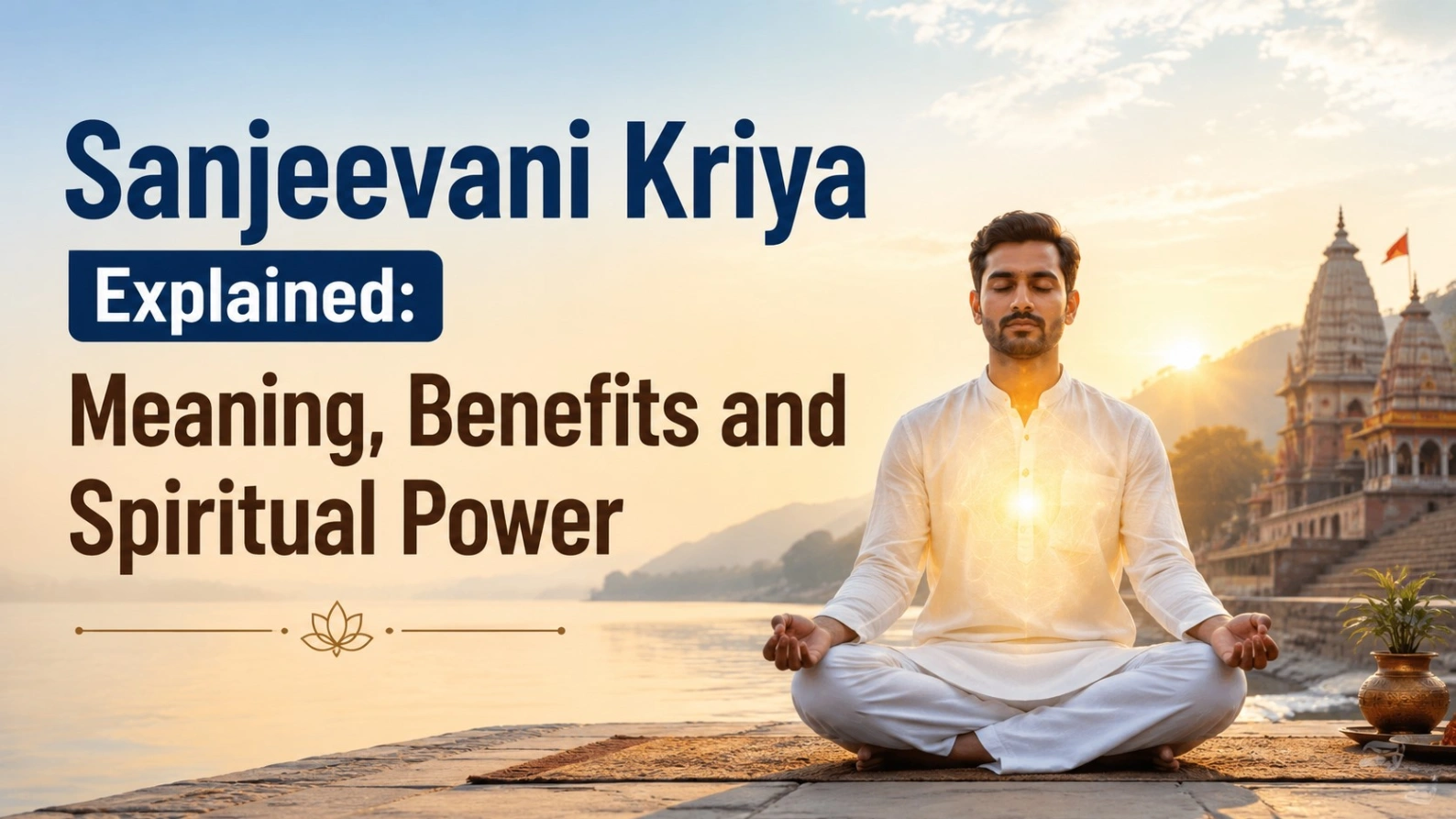 A peaceful man meditating by a riverside temple at sunrise with glowing spiritual energy around his heart, featuring the bold title “Sanjeevani Kriya Explained: Meaning, Benefits and Spiritual Power.”