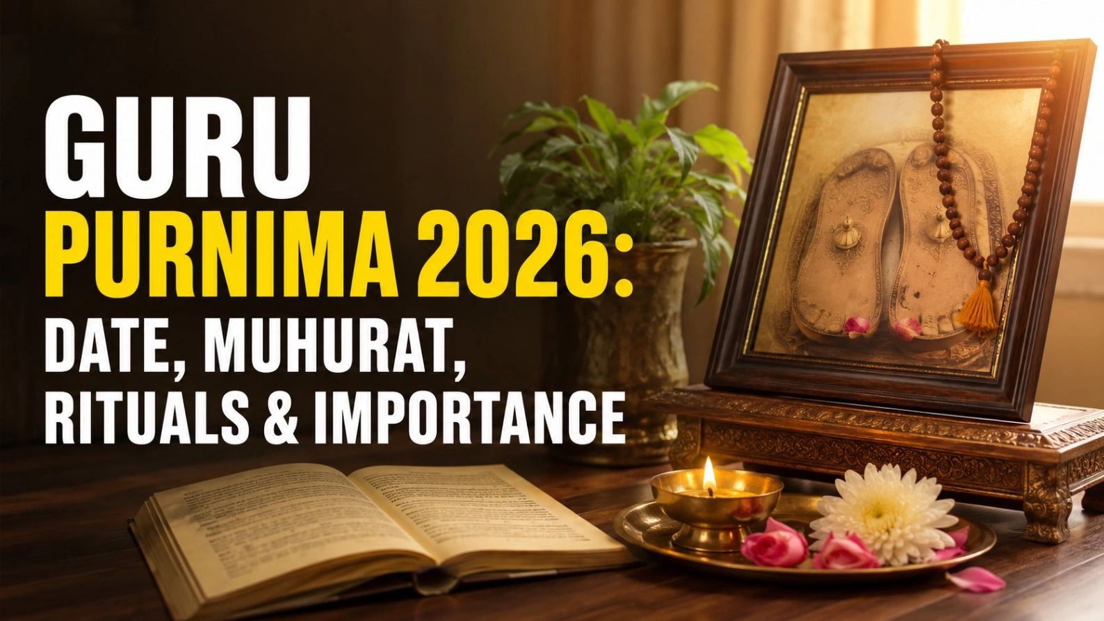 Guru Purnima 2026 banner featuring a traditional Guru Paduka altar with a lit oil lamp, prayer beads, sacred scripture, flowers, and bold title text reading 