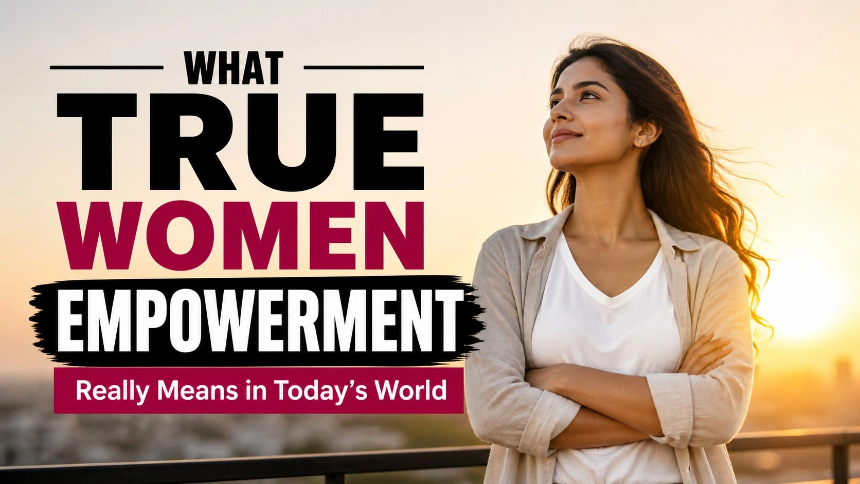 Confident modern woman standing with arms crossed against a warm golden sunrise, looking upward with determination, alongside bold text “True Women Empowerment – What It Really Means in Today’s World” in a clean, minimal 16:9 thumbnail design.