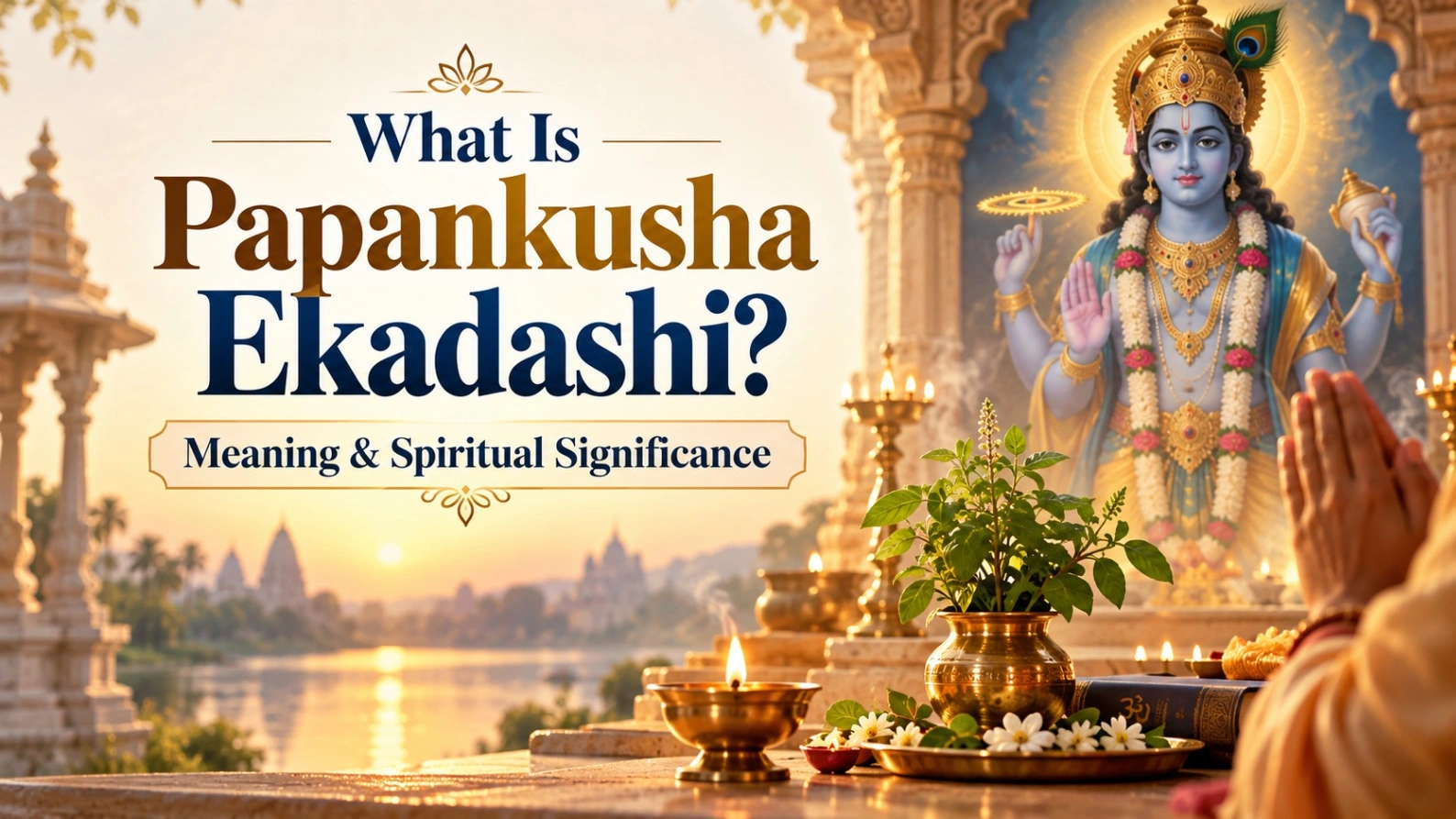 Papankusha Ekadashi spiritual illustration featuring Lord Vishnu, Tulsi plant, diya and a devotee praying at sunrise, with the title “What Is Papankusha Ekadashi? Meaning & Spiritual Significance.”