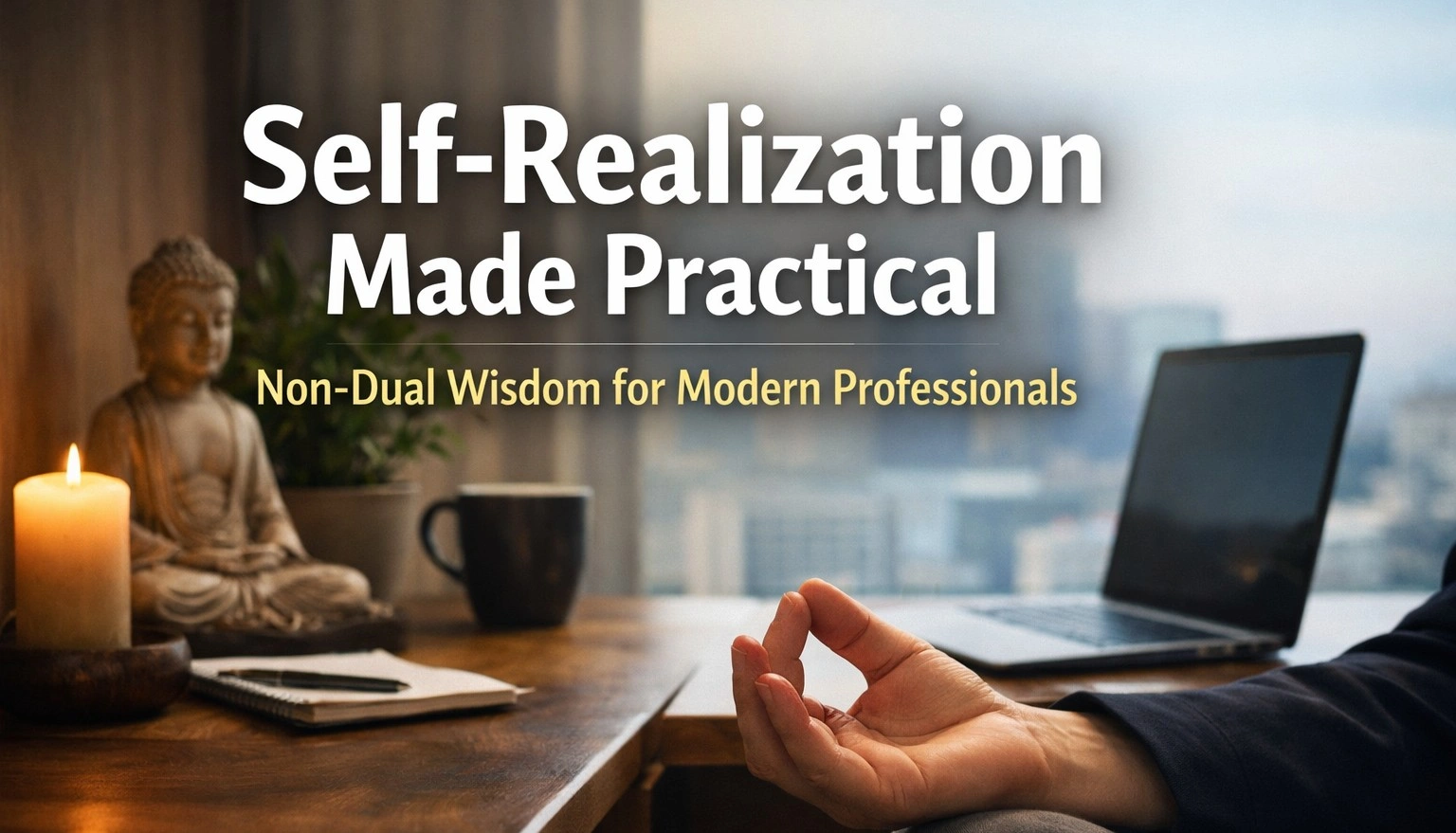 Realistic 16:9 image of a calm modern workspace blending spirituality and professionalism, featuring a meditating hand, a lit candle, a Buddha statue, a laptop on a desk, and a soft city view in the background, with bold overlay text reading “Self-Realization Made Practical: Non-Dual Wisdom for Modern Professionals.”