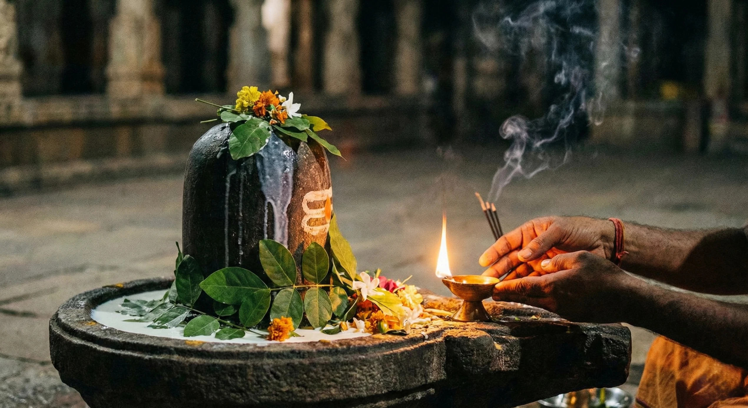 A close-up photograph of a devotee