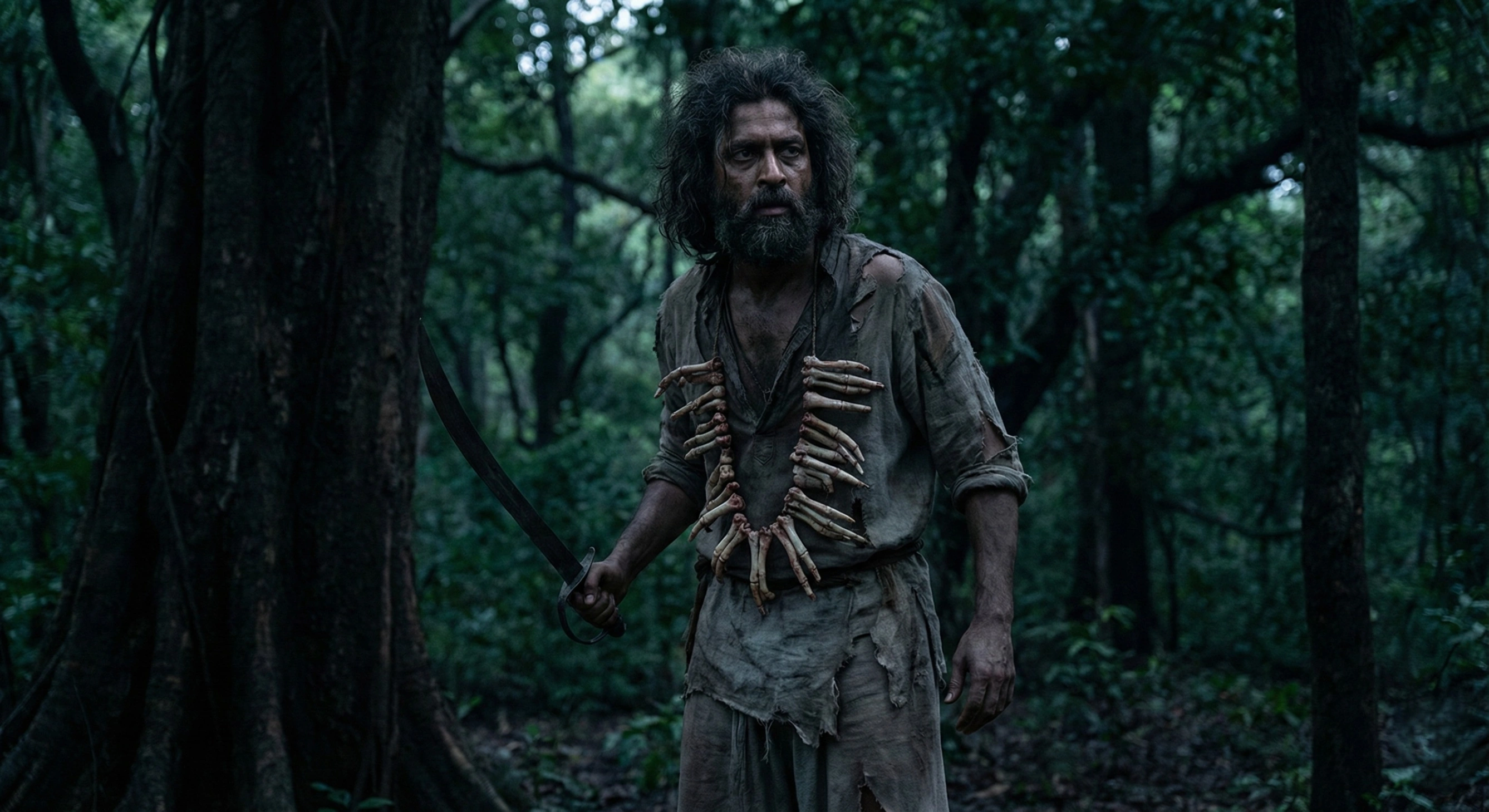 Depiction of the feared bandit Angulimala in the Jalini forest, holding a sword and wearing his infamous finger garland before his encounter with the Buddha.