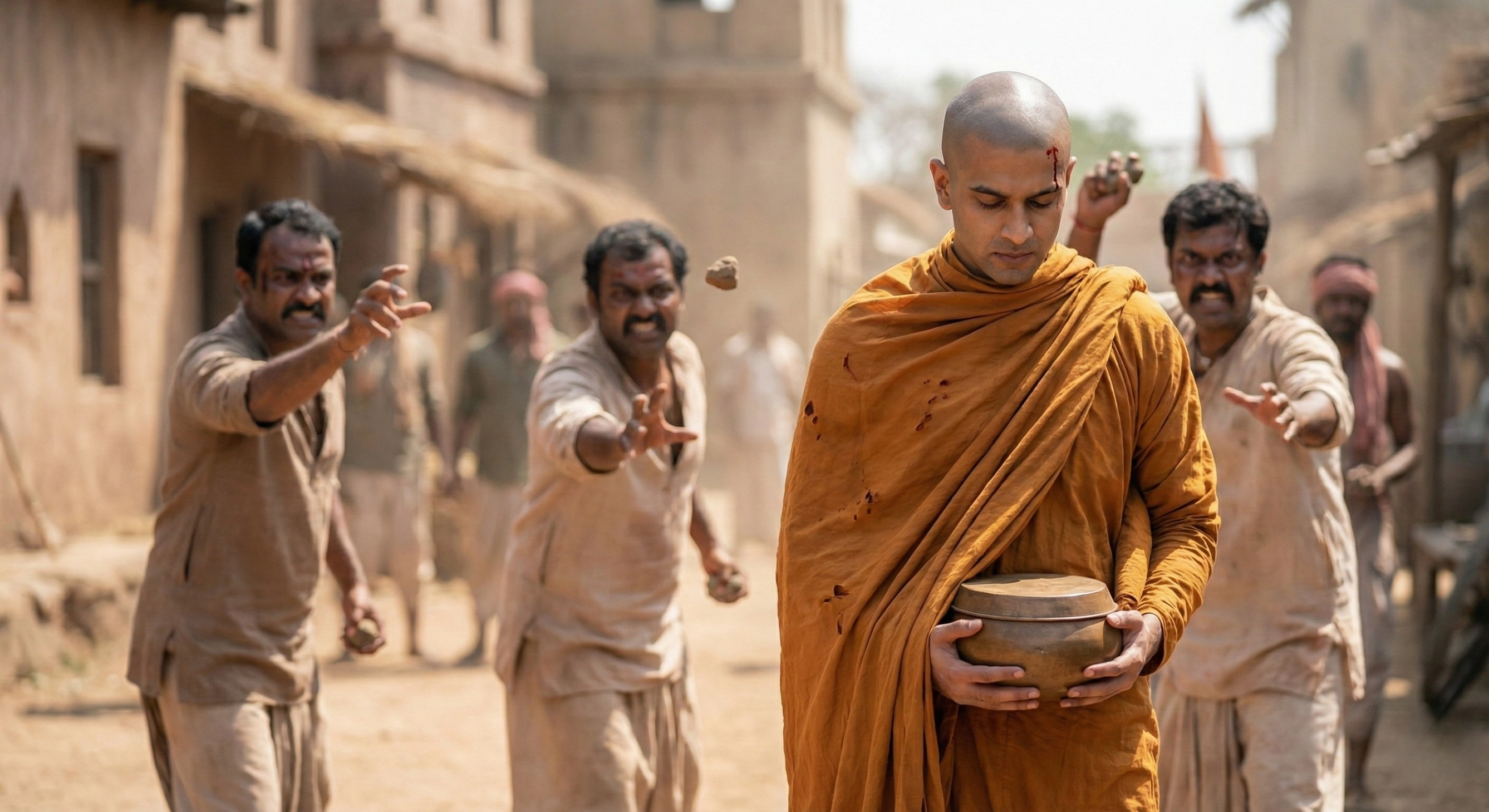 The enlightened monk Angulimala facing the inevitable karma of his past actions, enduring abuse from villagers while begging for alms without retaliation.