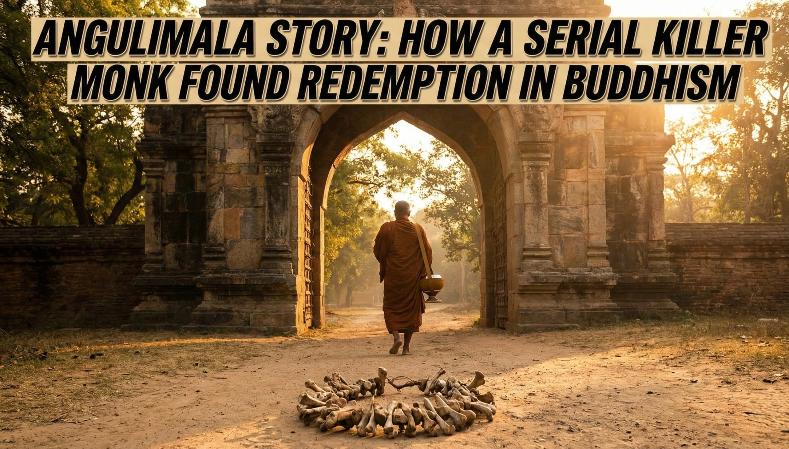 Realistic illustration of a Buddhist monk walking through an ancient stone archway, leaving a garland of finger bones behind on the ground. Text overlay reads: Angulimala Story: How a Serial Killer Monk Found Redemption in Buddhism.