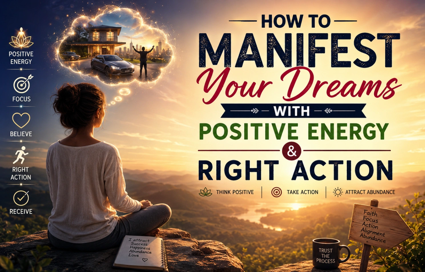 Person meditating with positive energy while taking right action to manifest dreams and success