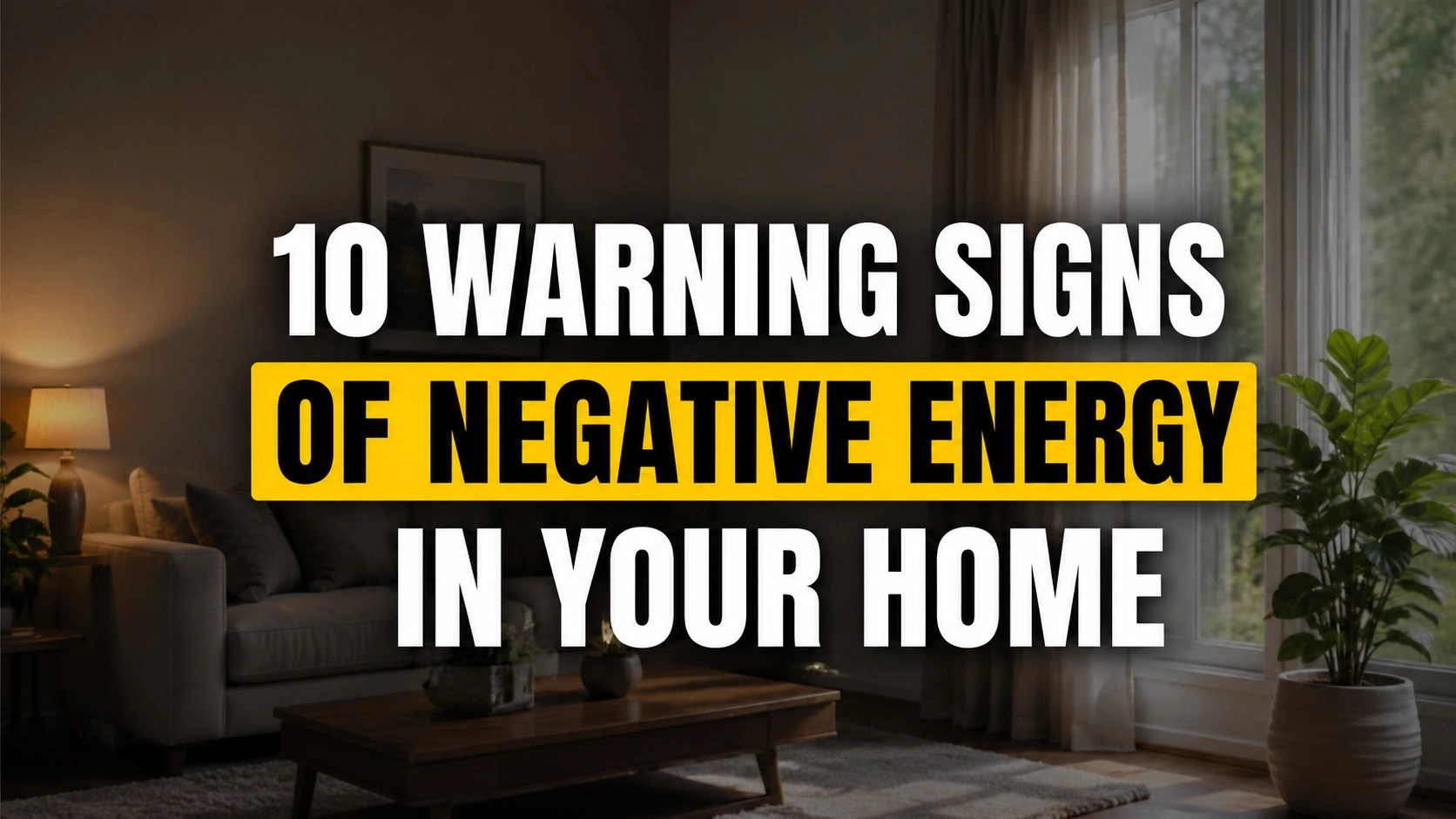 Realistic modern living room with bold text reading “10 Warning Signs of Negative Energy in Your Home,” highlighting negative energy in yellow.