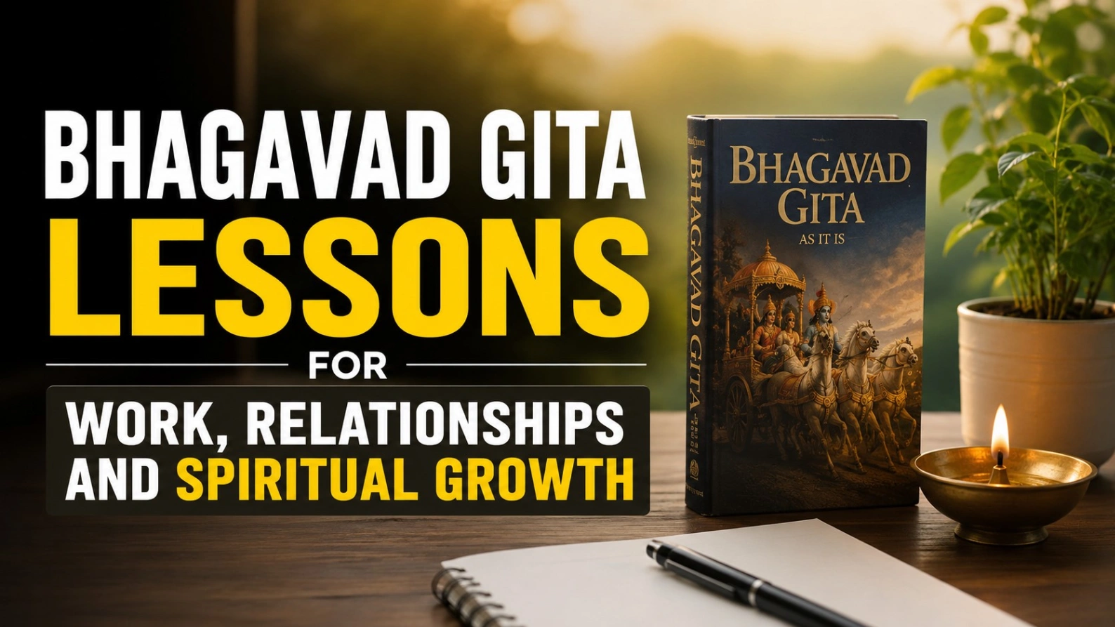 Realistic 16:9 blog image showing a Bhagavad Gita book on a wooden table with a glowing diya, notebook and plant, featuring the bold title “Bhagavad Gita Lessons for Work, Relationships and Spiritual Growth.”