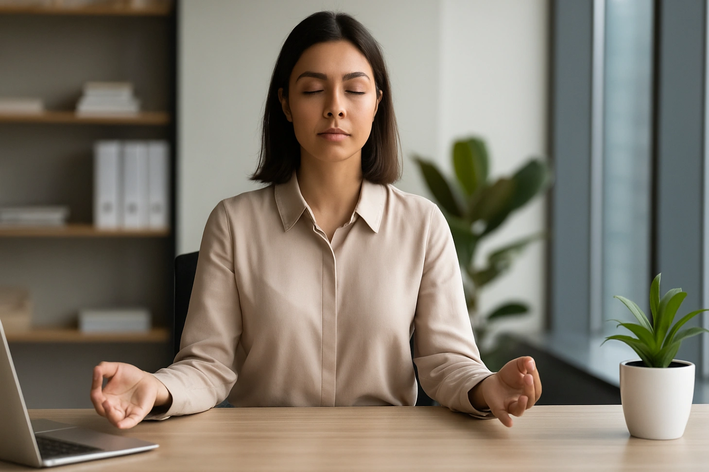 A young professional woman sitting at her office desk with eyes closed, practicing a calm meditation pose with hands relaxed on the table, surrounded by a laptop, notebook, and indoor plant in a modern workspace.