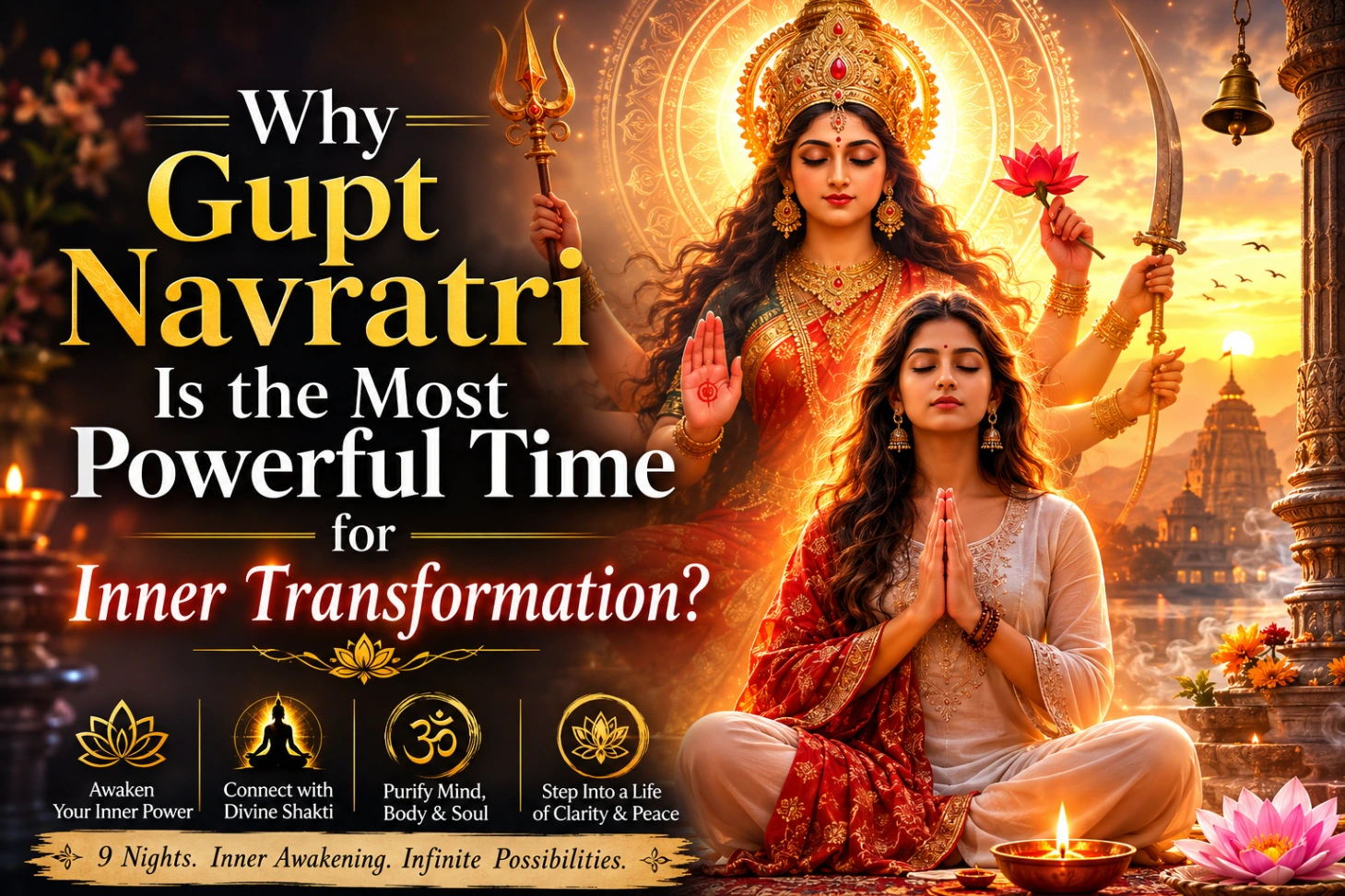 Spiritual illustration of Goddess Durga behind a woman meditating at sunrise, with the title “Why Gupt Navratri Is the Most Powerful Time for Inner Transformation?”