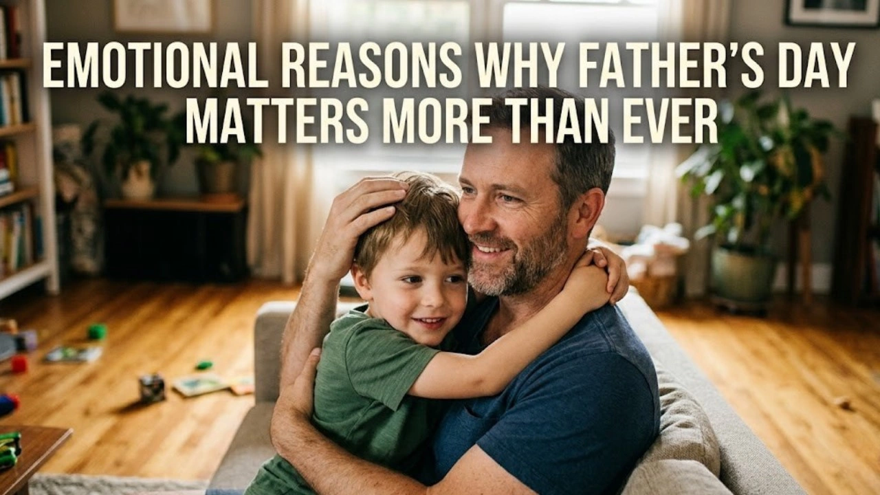 A realistic photograph in a 16:9 aspect ratio featuring a heartfelt moment between a father and his young son. The father, a middle-aged man with short hair and light stubble wearing a blue t-shirt, is sitting on a living room couch, smiling warmly as he embraces his son and gently holds the back of his head. The young boy, wearing a green t-shirt, hugs his dad back with a joyful smile. The background is a cozy, naturally lit, lived-in living room with wooden floors, houseplants, and soft lighting. Superimposed across the top of the image in bold, cream-colored capital letters is the title: 