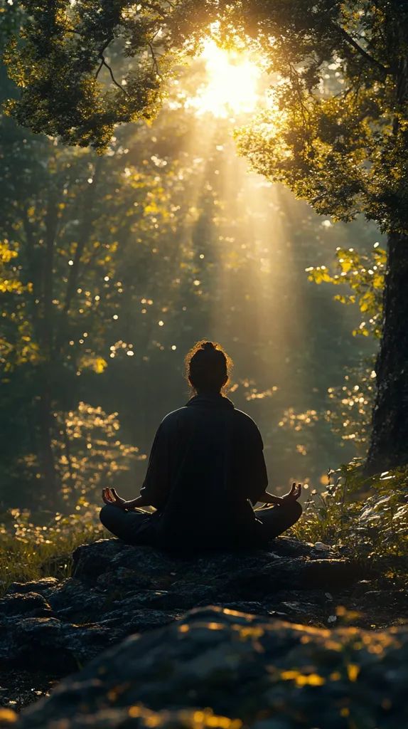 Midjourney: Peaceful person meditating in serene forest setting, surrounded by nature.