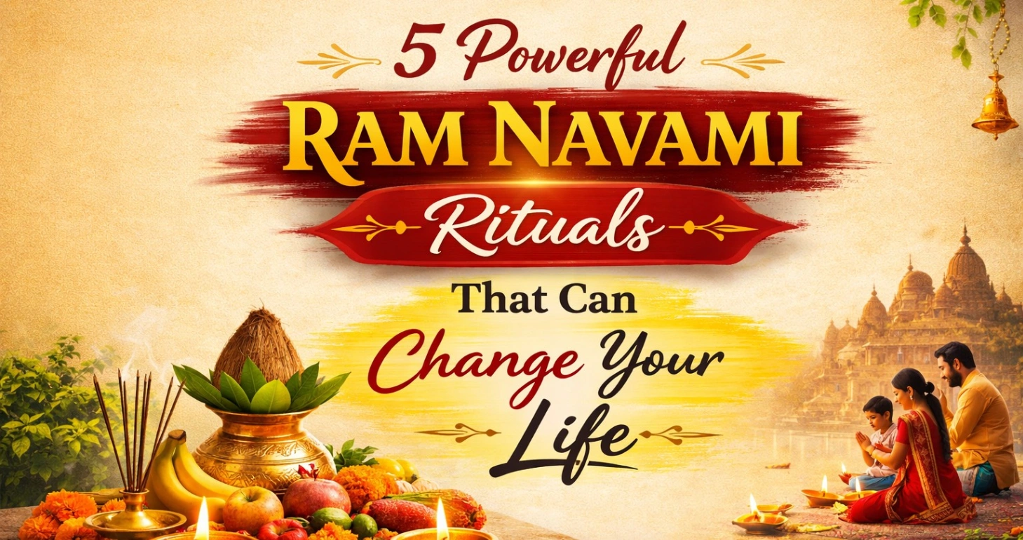 Minimalist 16:9 Ram Navami featured image with bold title “5 Powerful Ram Navami Rituals That Can Change Your Life,” showing a traditional puja setup with kalash, fruits, flowers, and lit diyas against a warm, soft temple-inspired background.