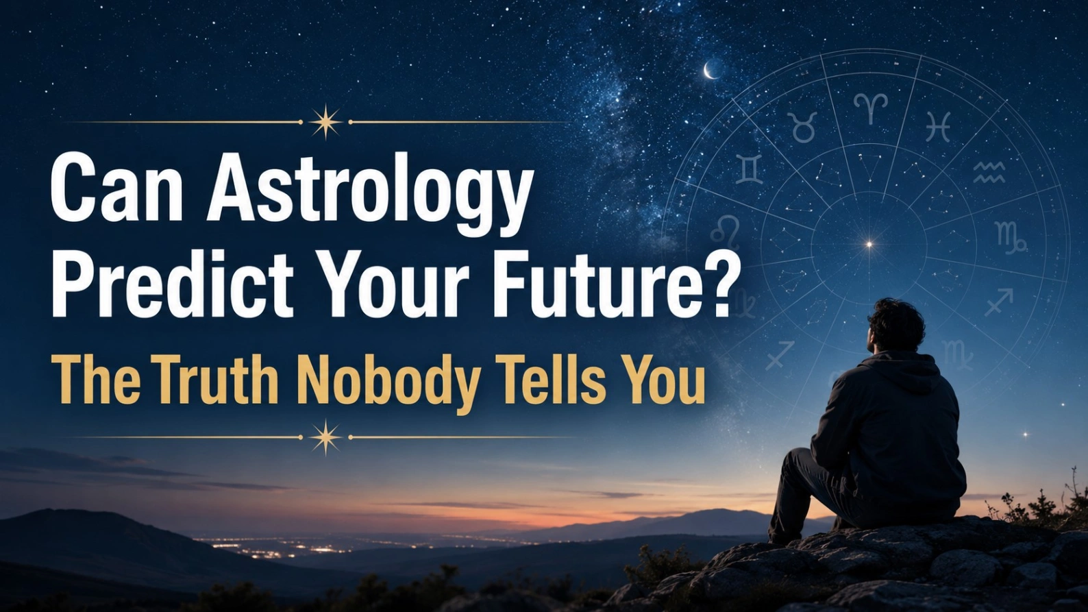 A realistic night-sky scene with bold title text “Can Astrology Predict Your Future? The Truth Nobody Tells You,” zodiac chart, stars, and a person looking at the sky.