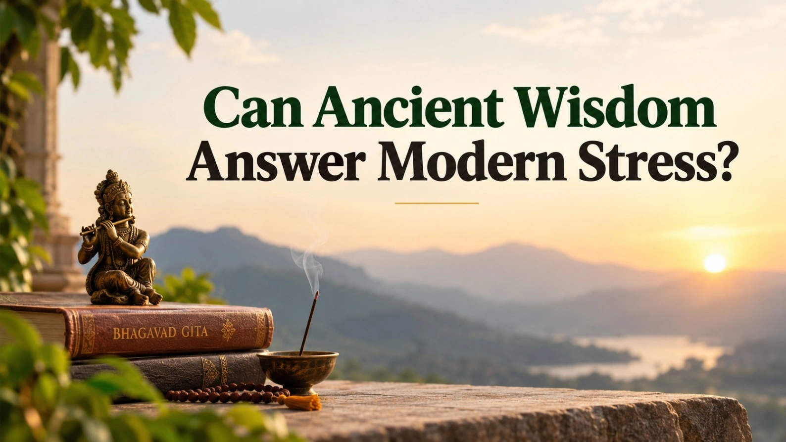 Can Ancient Wisdom Answer Modern Stress? — a realistic sunrise scene featuring the Bhagavad Gita, a Krishna statue, incense, prayer beads, mountains, and warm natural light.