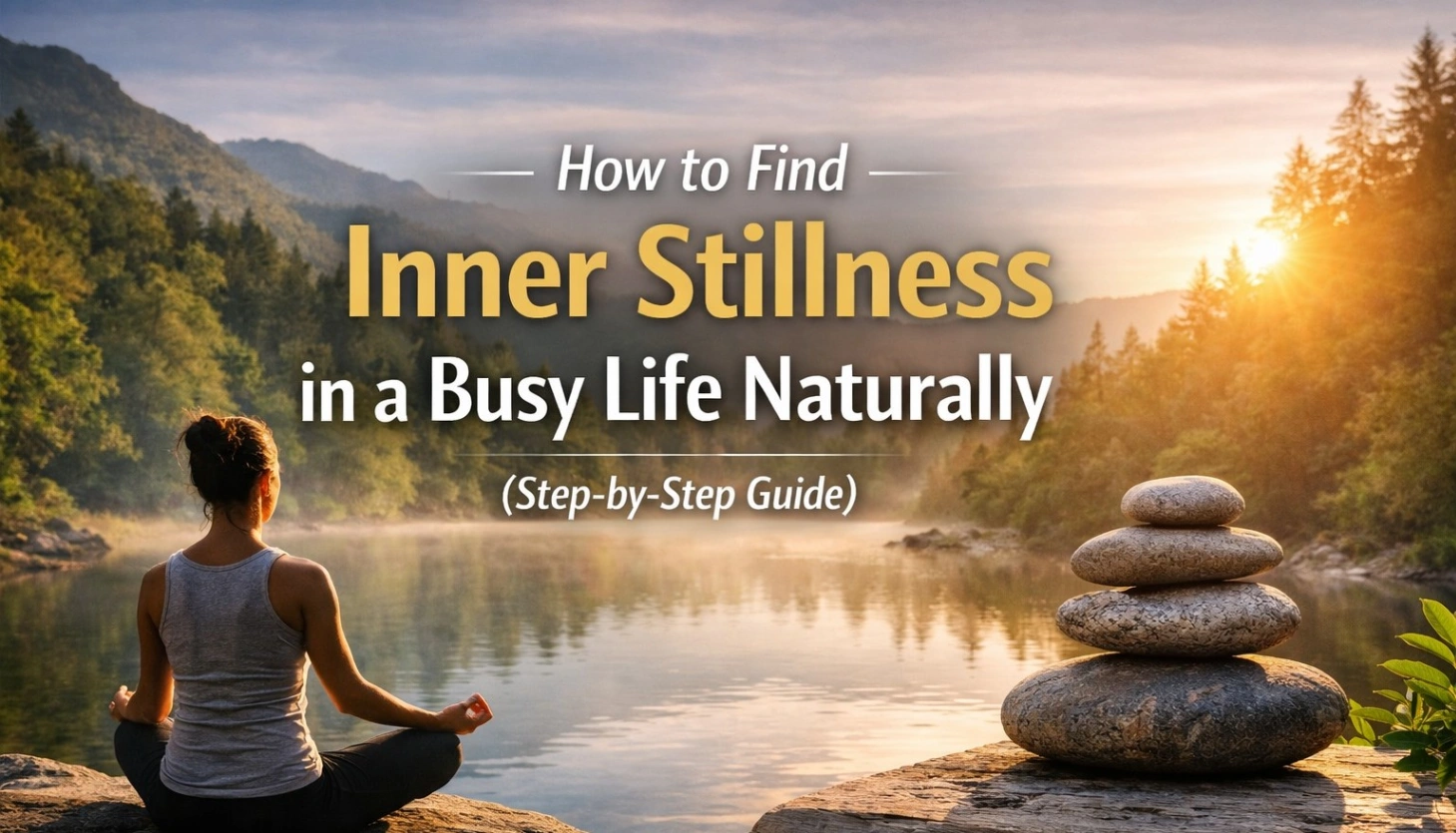 A peaceful 16:9 scene of a woman meditating by a calm lake surrounded by mountains and trees at sunrise, with stacked stones in the foreground. Bold text reads “How to Find Inner Stillness in a Busy Life Naturally (Step-by-Step Guide)”, creating a serene and calming visual focused on mindfulness and inner peace.